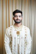 White Hand Embroidery Designer Men's Pattu Kurta Set by Hilo Design