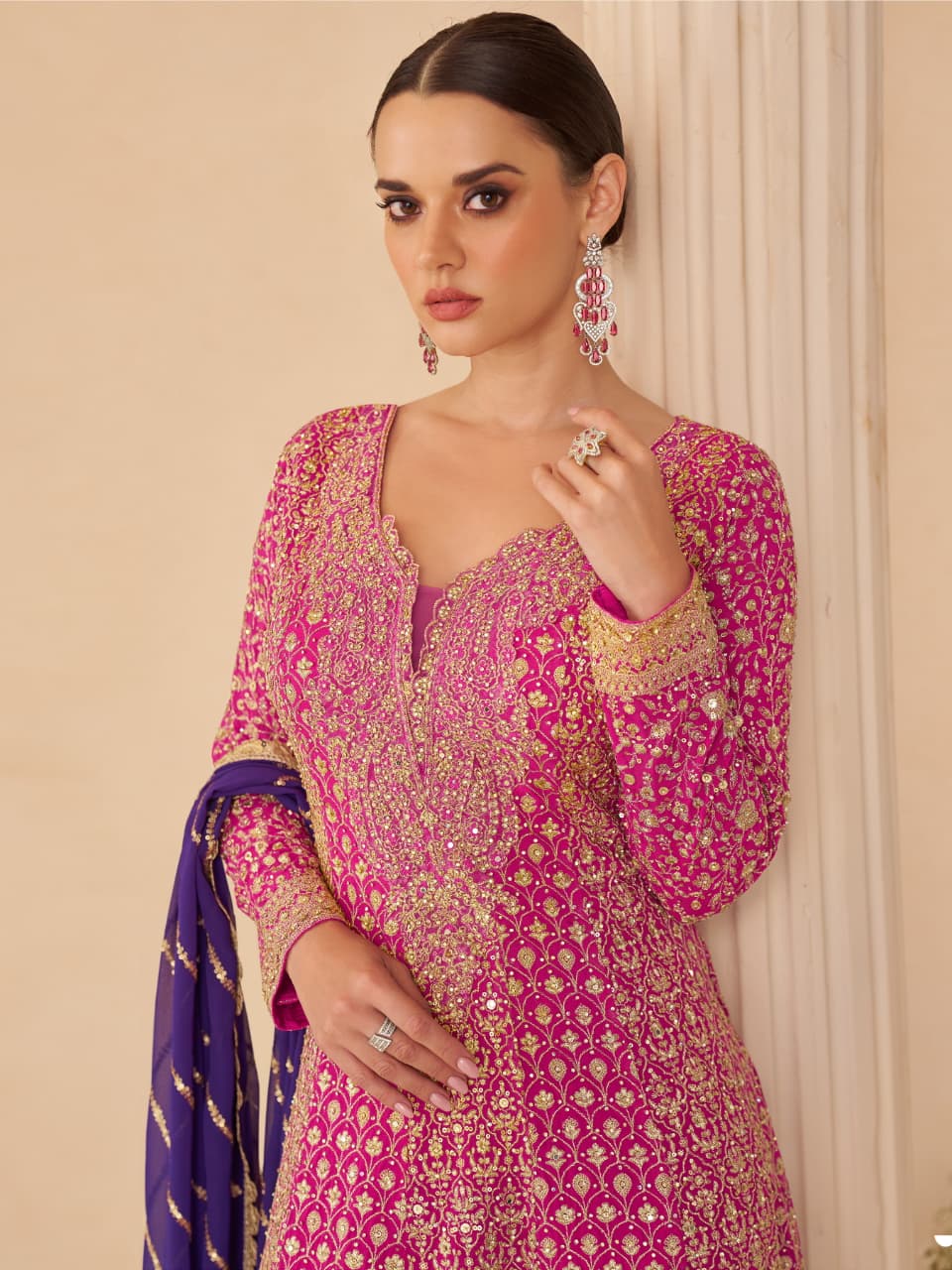Aarshi Fashions Rose Pink Pure Georgette Full Stitched Suit