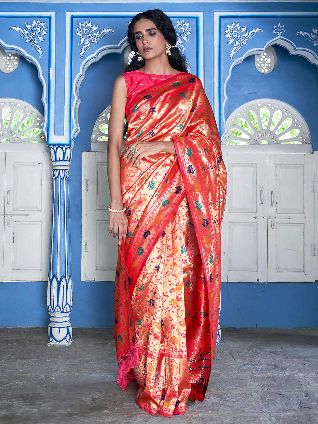 Janasya Pink Paithani Silk Woven Ethnic Motifs Paithani Silk Saree