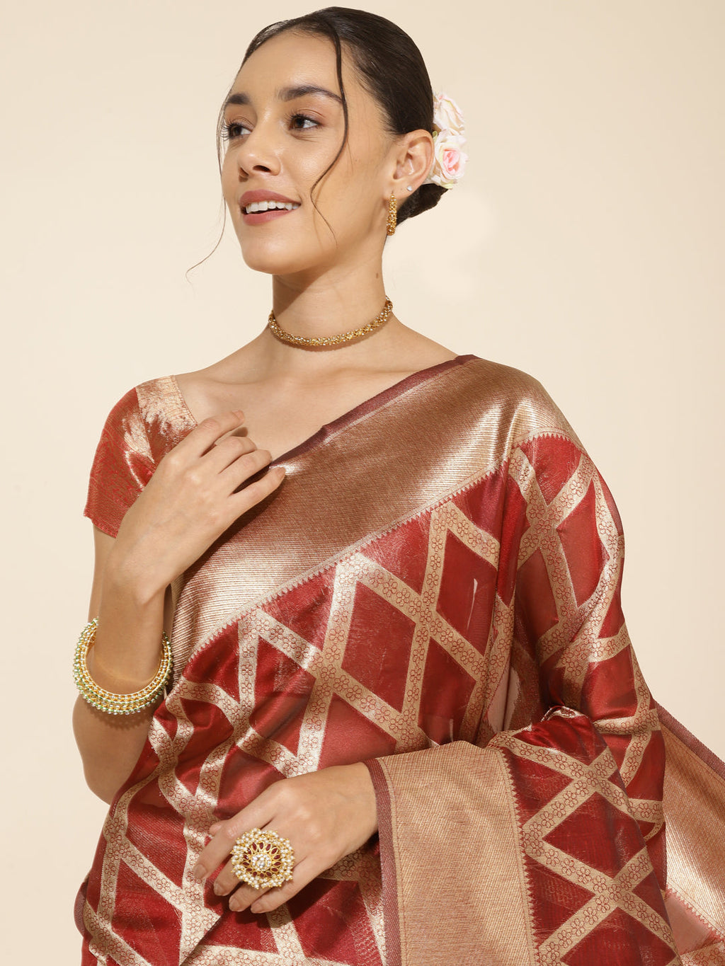 Janasya Maroon Organza Floral Saree