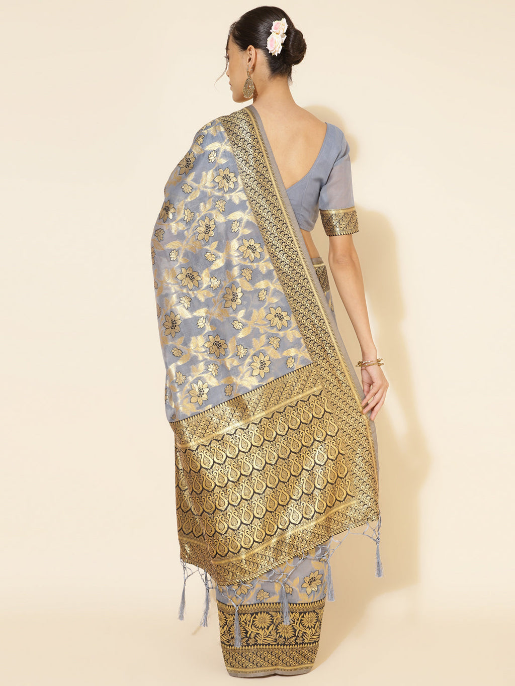 Janasya Grey Chanderi Silk Floral Woven Design Saree