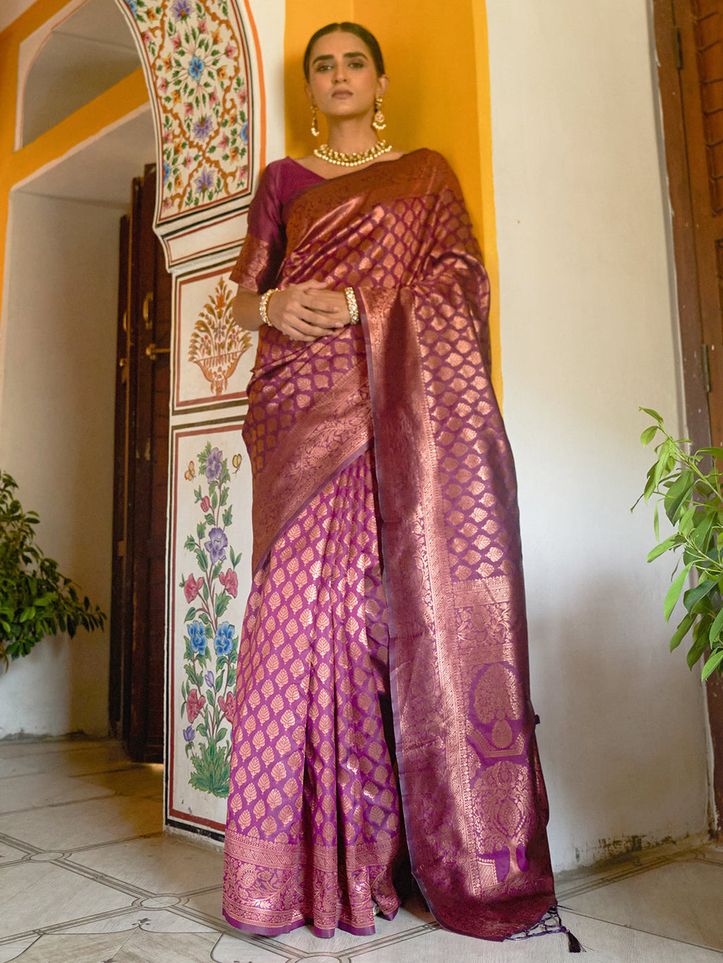 Janasya Wine Banarasi Silk Woven Ethnic Motifs Banarasi Silk Saree