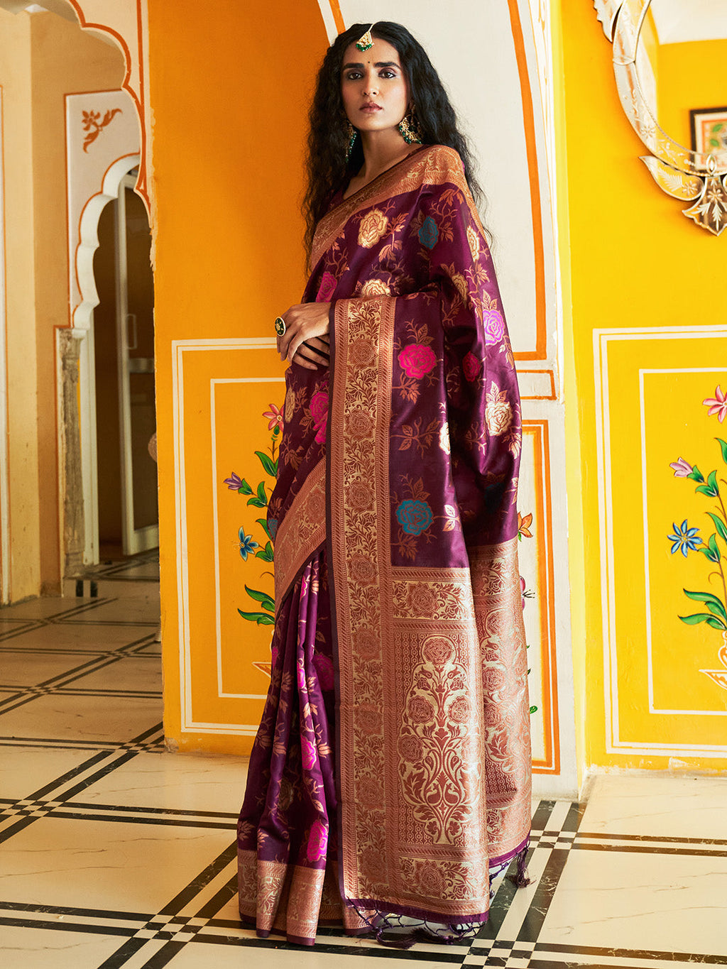 Janasya Wine Banarasi Silk Ethnic Motifs Woven Design Saree