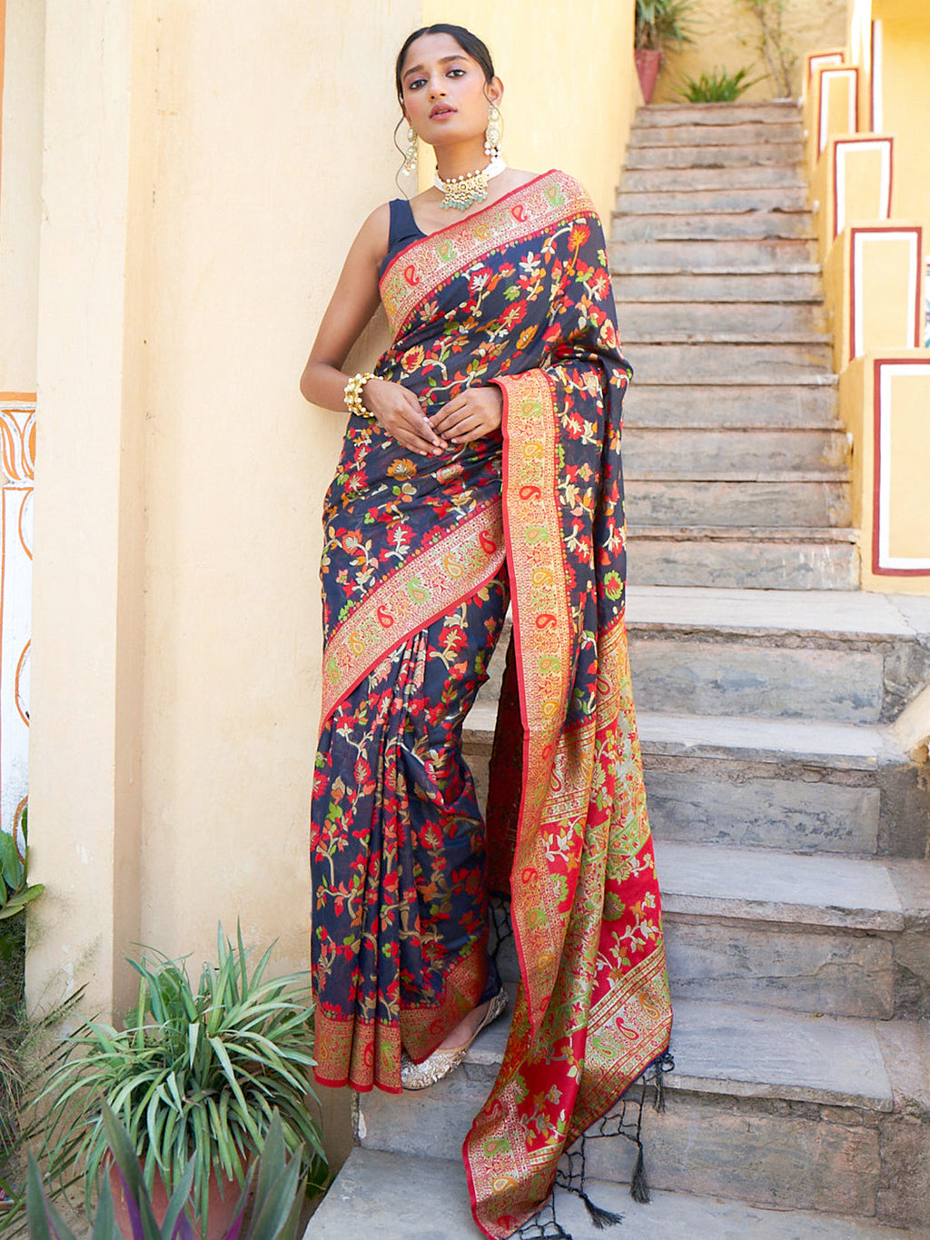 Janasya Navy Blue Chanderi Silk Pashmina Woven Design Saree