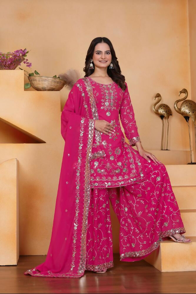Lehenga Mart Designer Sharara Suit With Kurta, Sharara, Dupatta For Women-Rani Pink