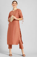 Janasya Women's Peach Poly Silk Embellished Straight Festive Kurta Set