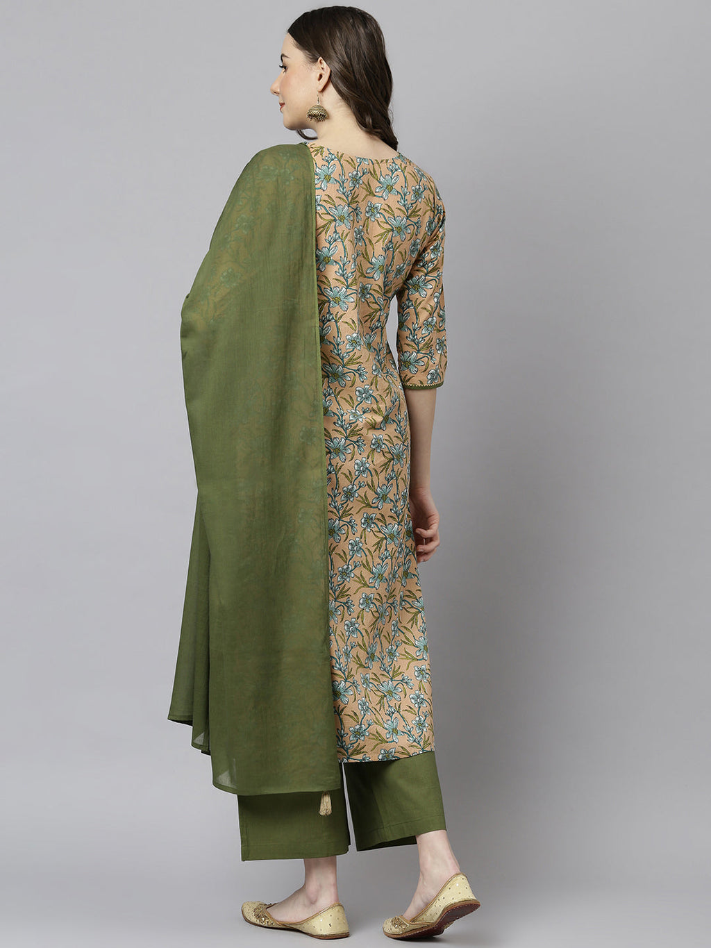 Janasya Women's Peach Cotton Floral Print Kurta With Palazzo And Dupatta