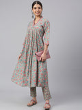 Janasya Women's Sea Green Cotton Floral Print Kurta With Pant