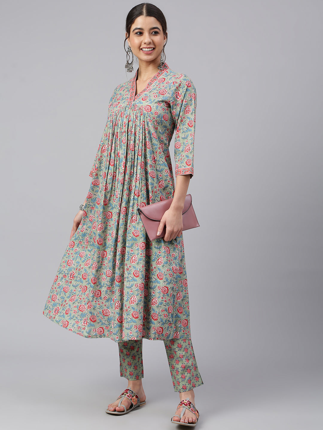 Janasya Women's Sea Green Cotton Floral Print Kurta With Pant
