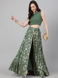 Janasya Women's Olive Green Crepe Solid Lehenga Choli With Pant