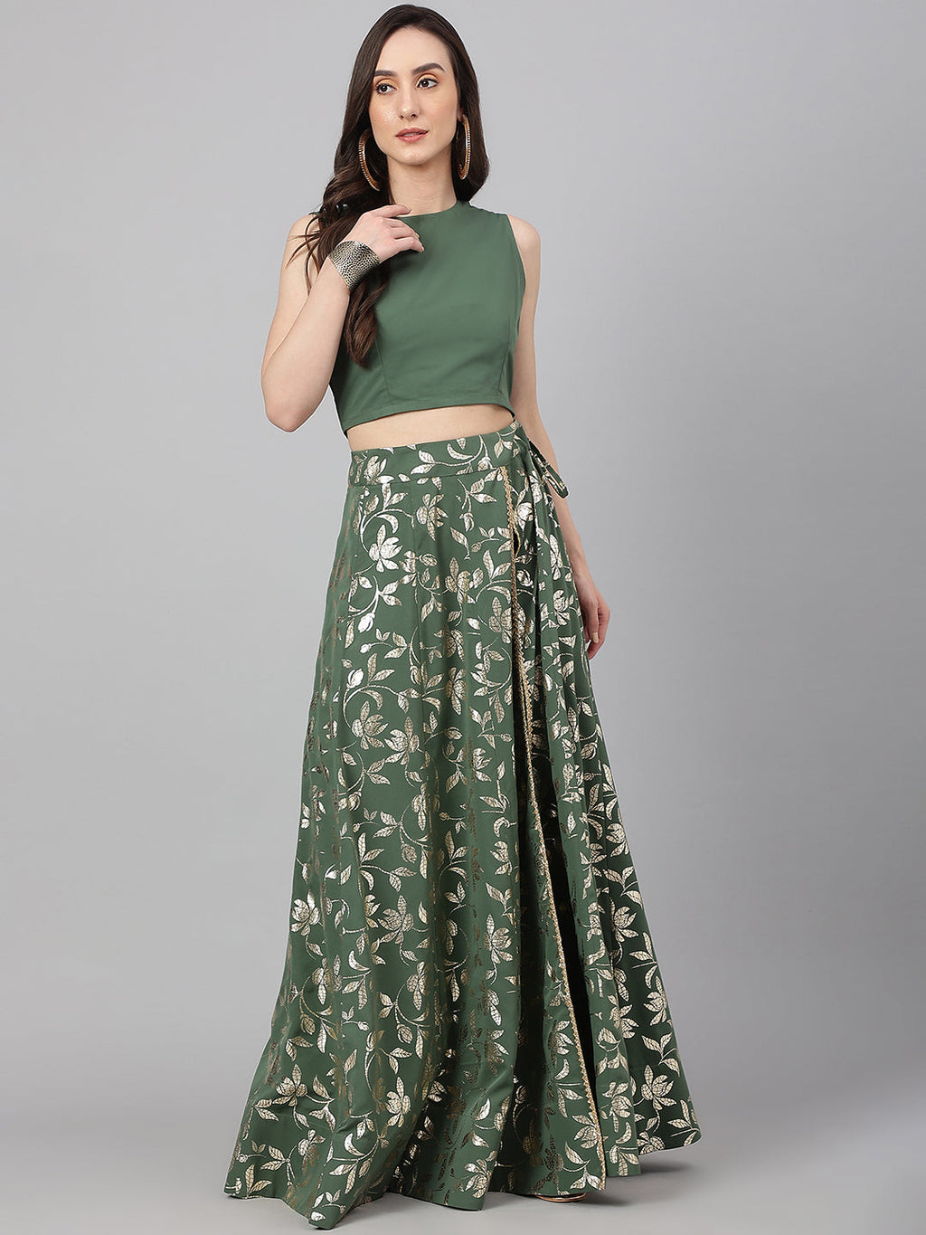 Janasya Women's Olive Green Crepe Solid Lehenga Choli With Pant