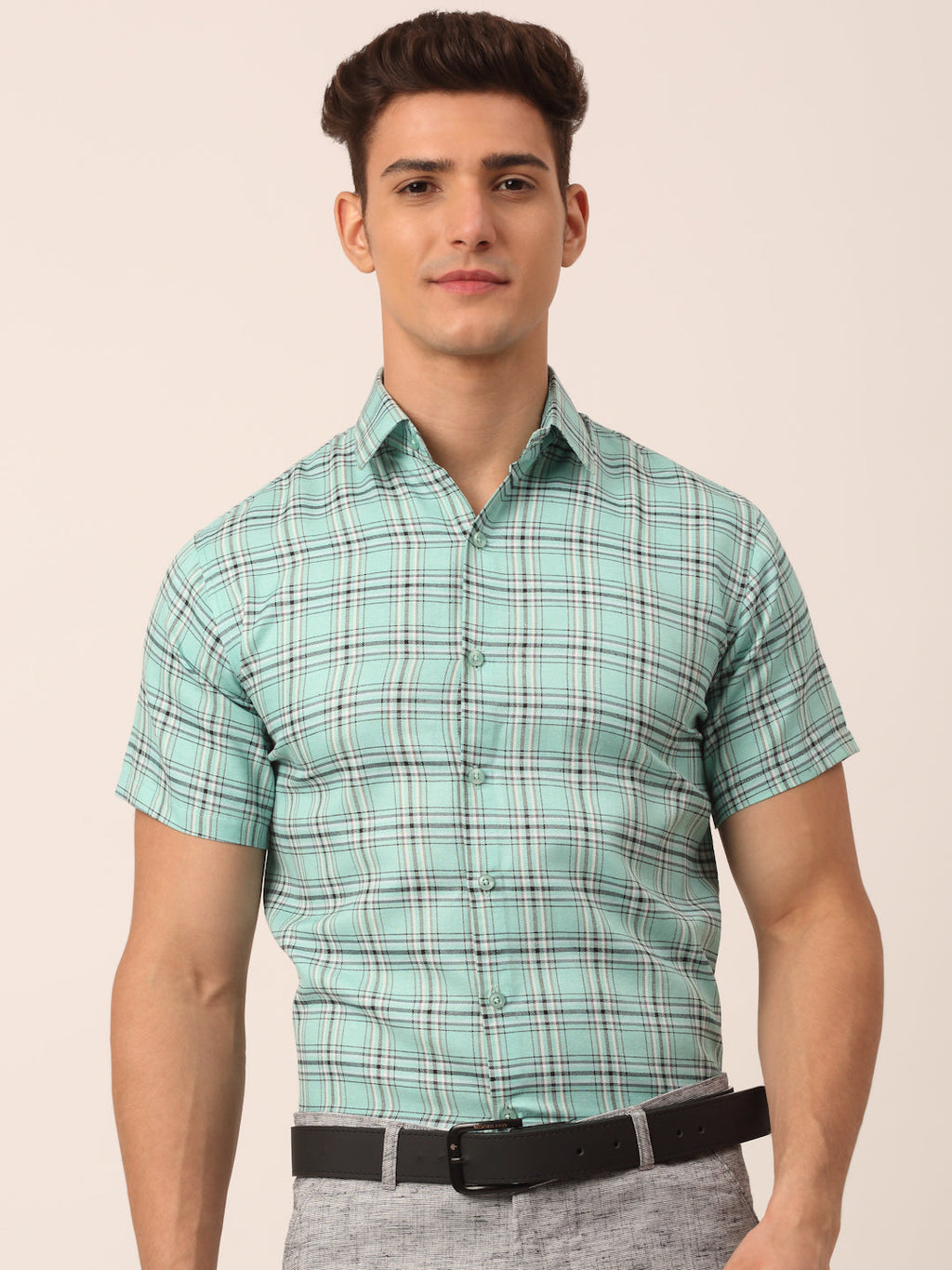 Jainish Men's Cotton Checked Half Sleeve Formal Shirts ( SF 815Green )