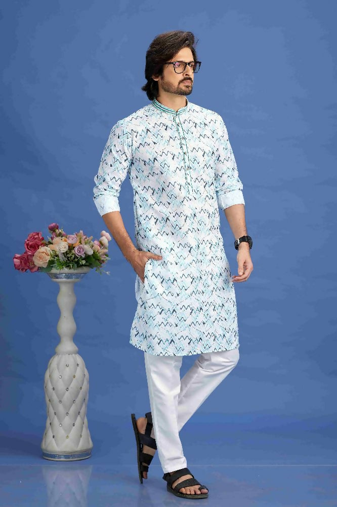 Raivat Ethnic Cotton Embroidery Kurta Pajama In Sky Blue Colour