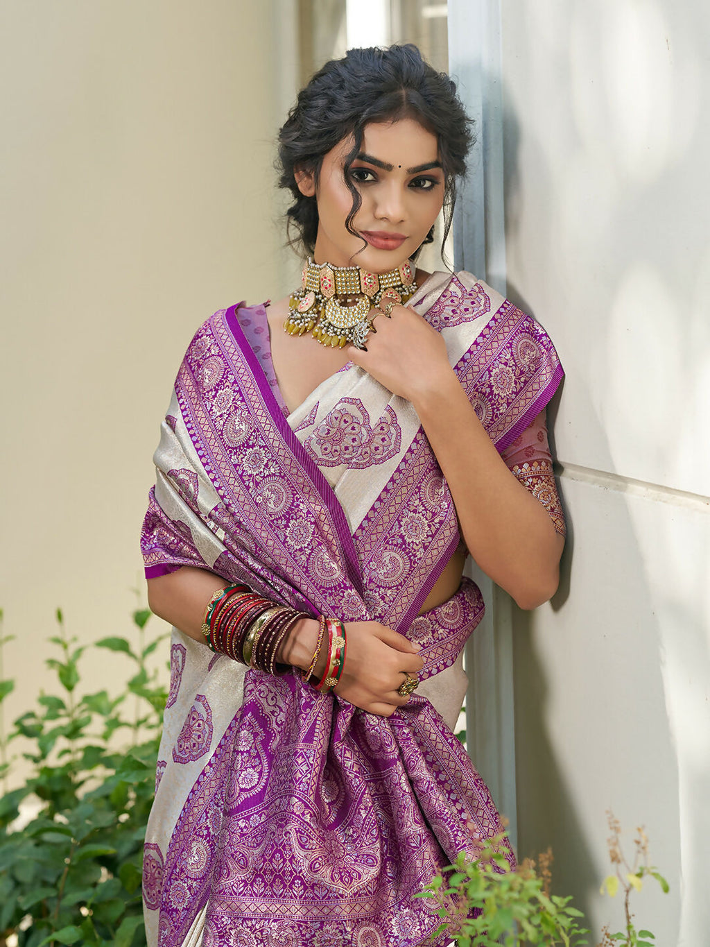 Shree Shyam Fashion Cream With Purple Silk Blend Saree