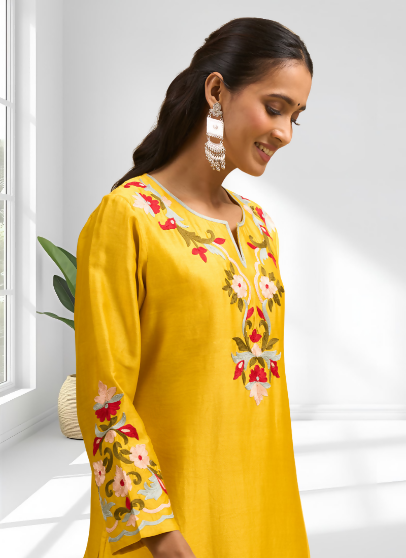 Joban Fashion Yellow Silk Embroidered Readymade Long Kurta With Pant