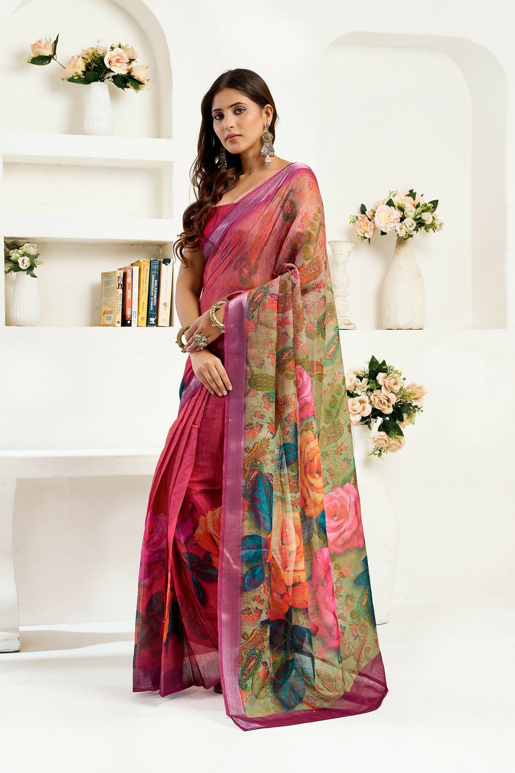 Joban Fashion  Onion Pink Floral Linen Ready To Wear Saree With Unstitched Blouse