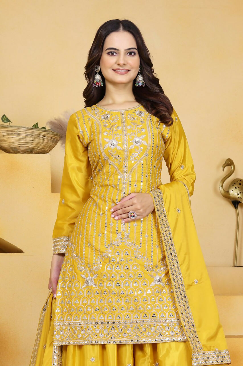 Teeya Creation Yellow Color Natural Crepe Silk Wedding Wear Trending Palazzo Set