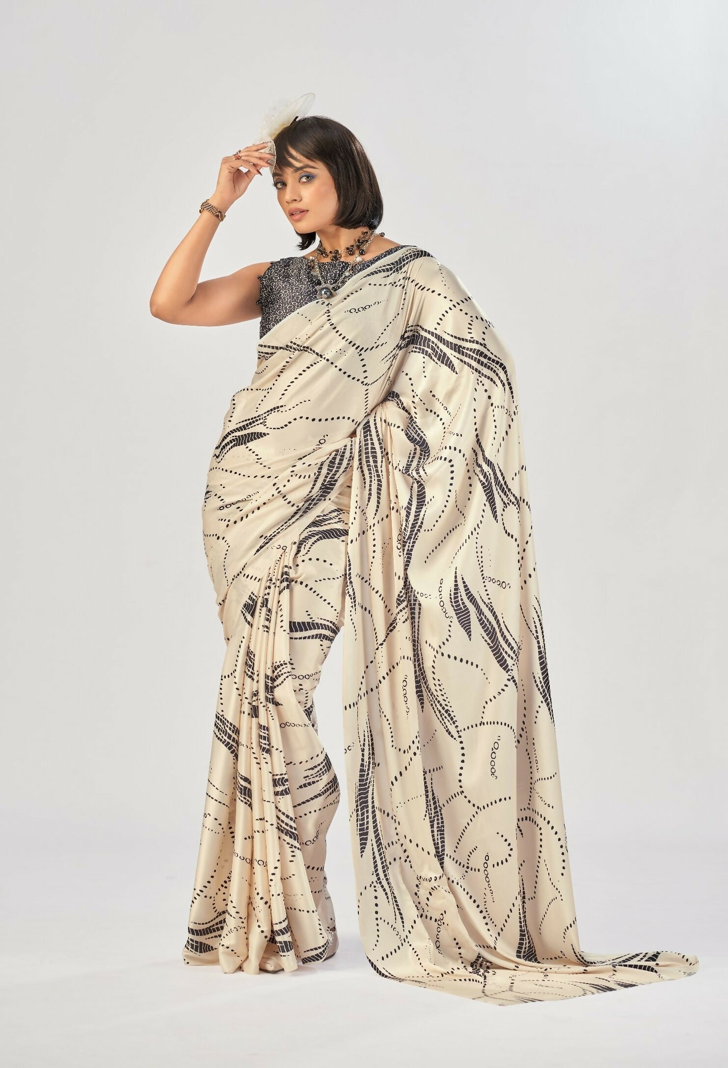 Vastranavya Off White Satin Silk Elegant Printed Saree with Unstitched Blouse