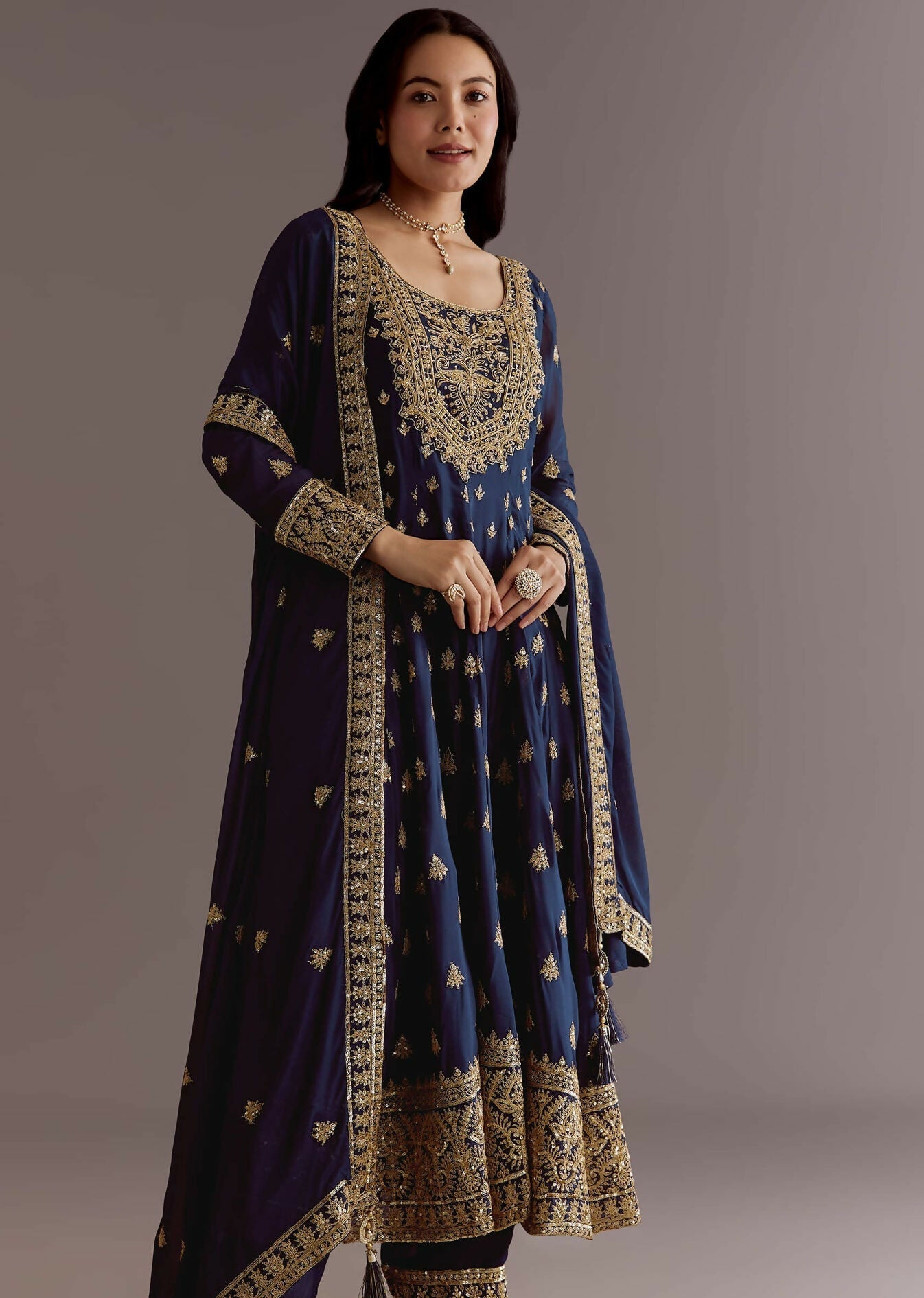 Teeya Creation Blue Color Chinnon Silk Embroidery Work Gown