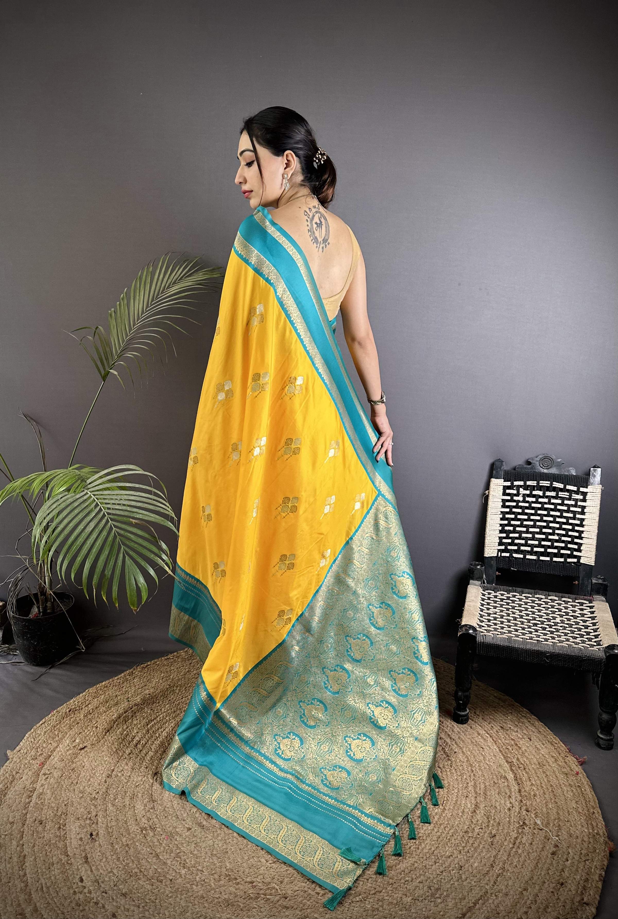 Sonakshi Women'S Yellow Premium Soft Silk Zari Woven Traditional Saree With Blouse