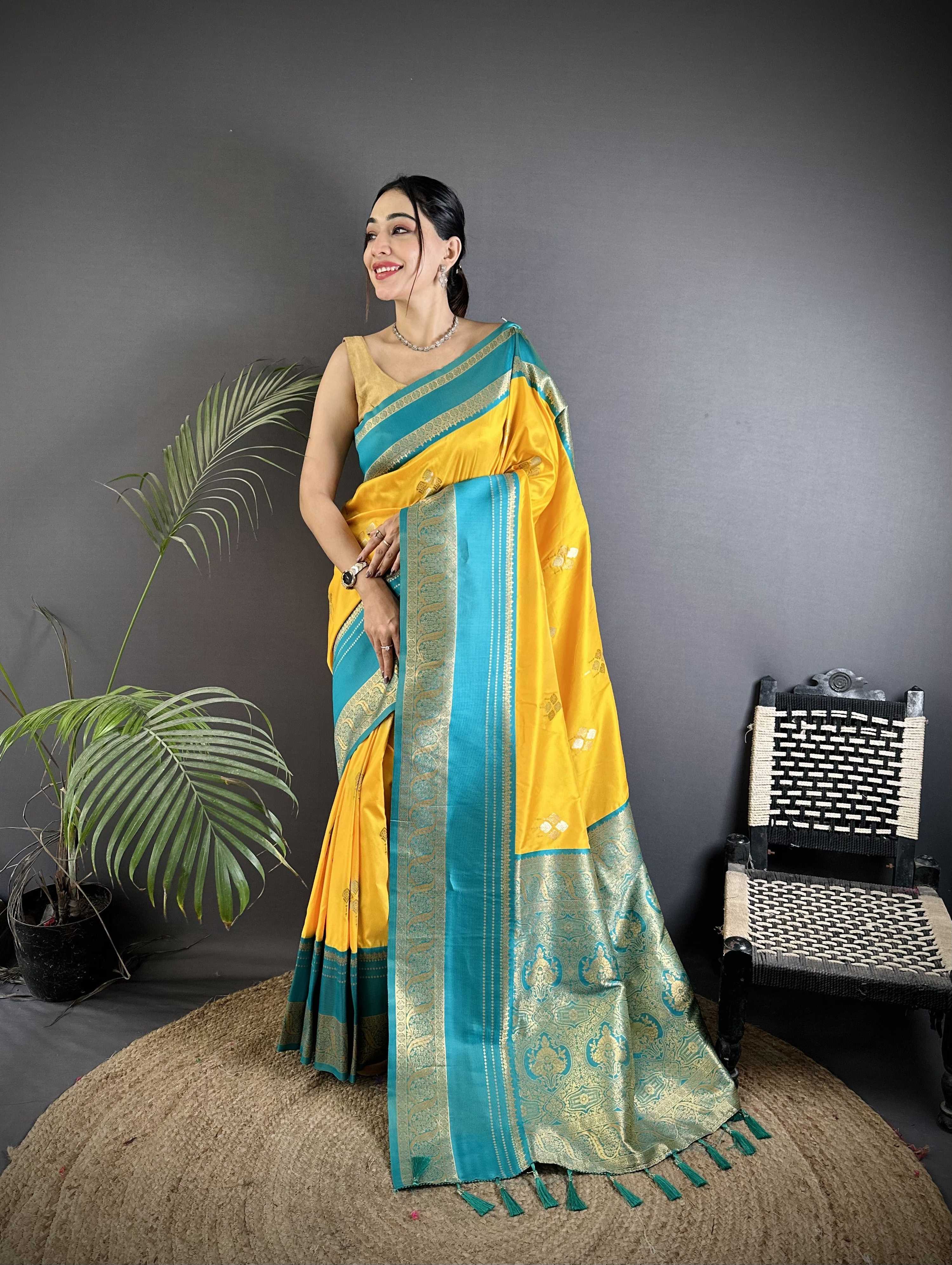 Sonakshi Women'S Yellow Premium Soft Silk Zari Woven Traditional Saree With Blouse