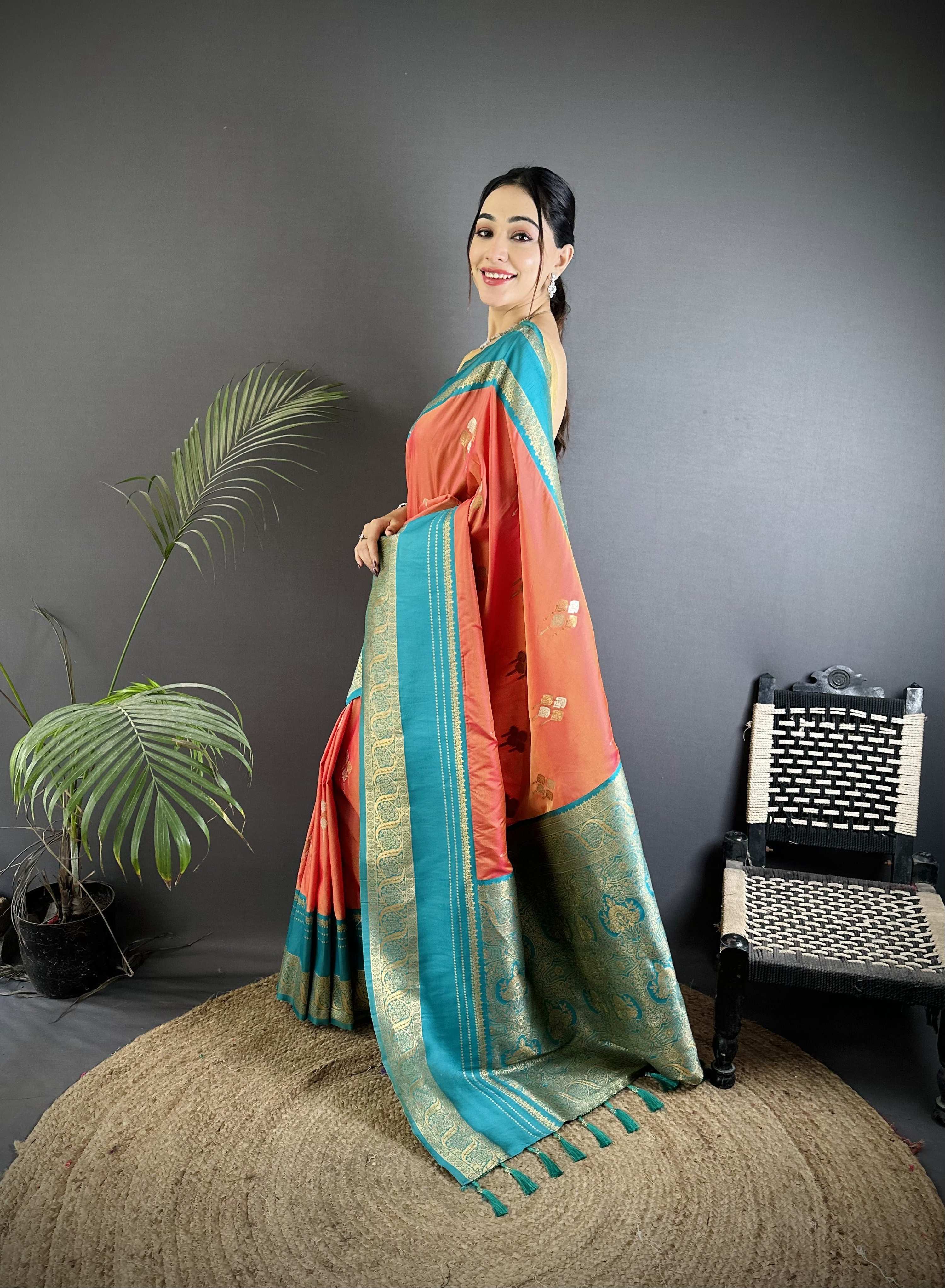 Sonakshi Women'S Peach Premium Soft Silk Zari Woven Traditional Saree With Blouse