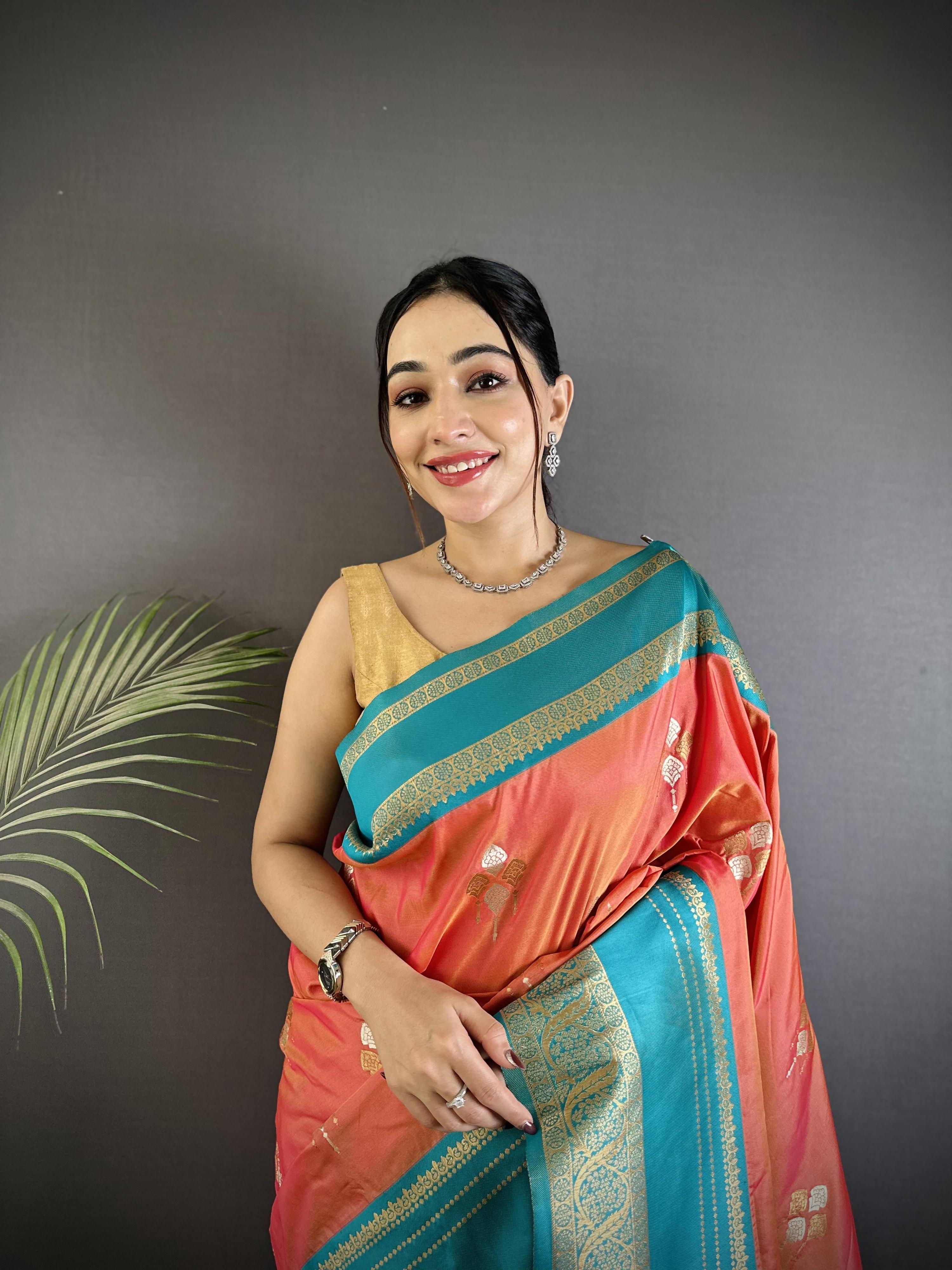 Sonakshi Women'S Peach Premium Soft Silk Zari Woven Traditional Saree With Blouse