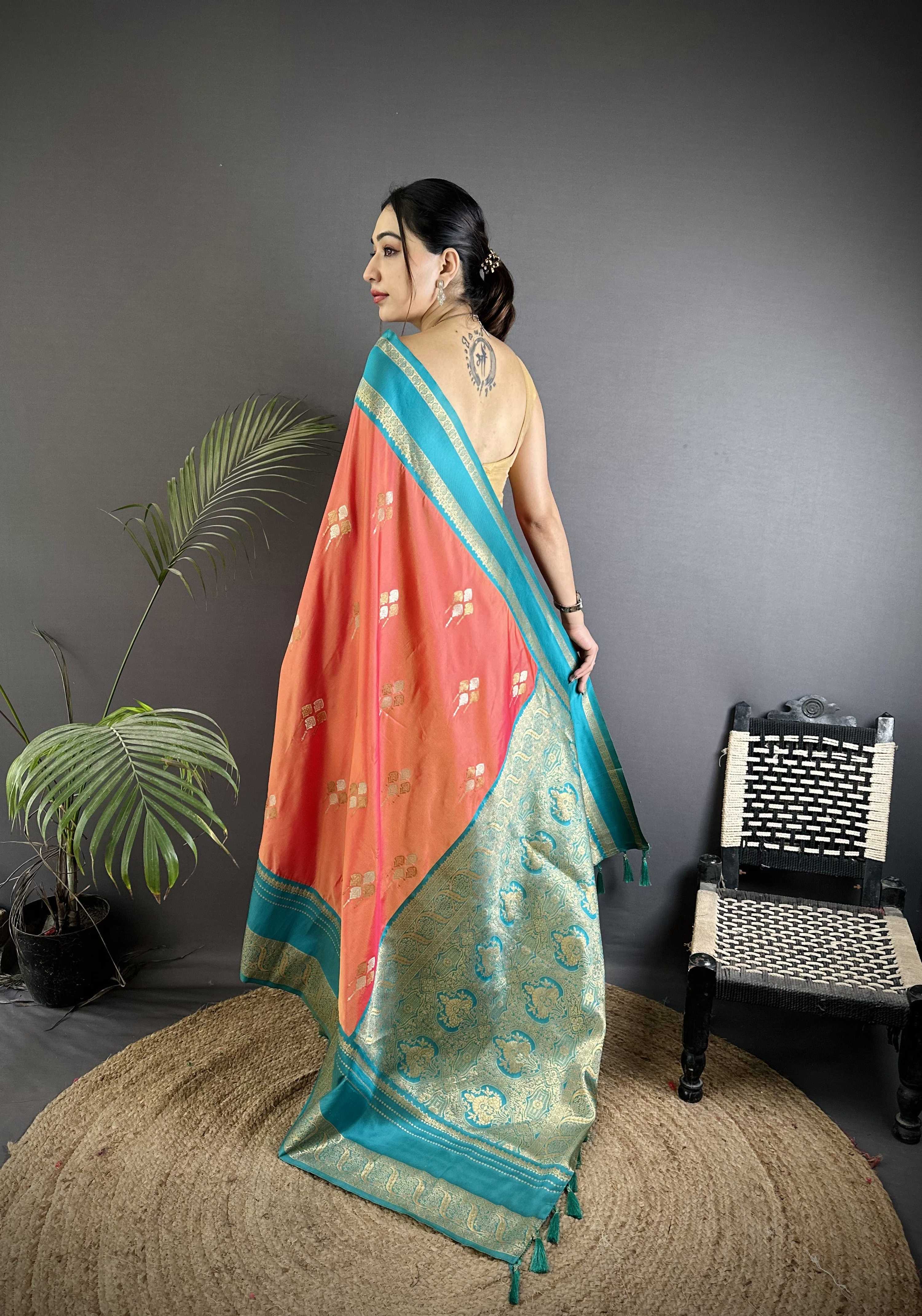 Sonakshi Women'S Peach Premium Soft Silk Zari Woven Traditional Saree With Blouse