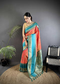 Sonakshi Women'S Peach Premium Soft Silk Zari Woven Traditional Saree With Blouse