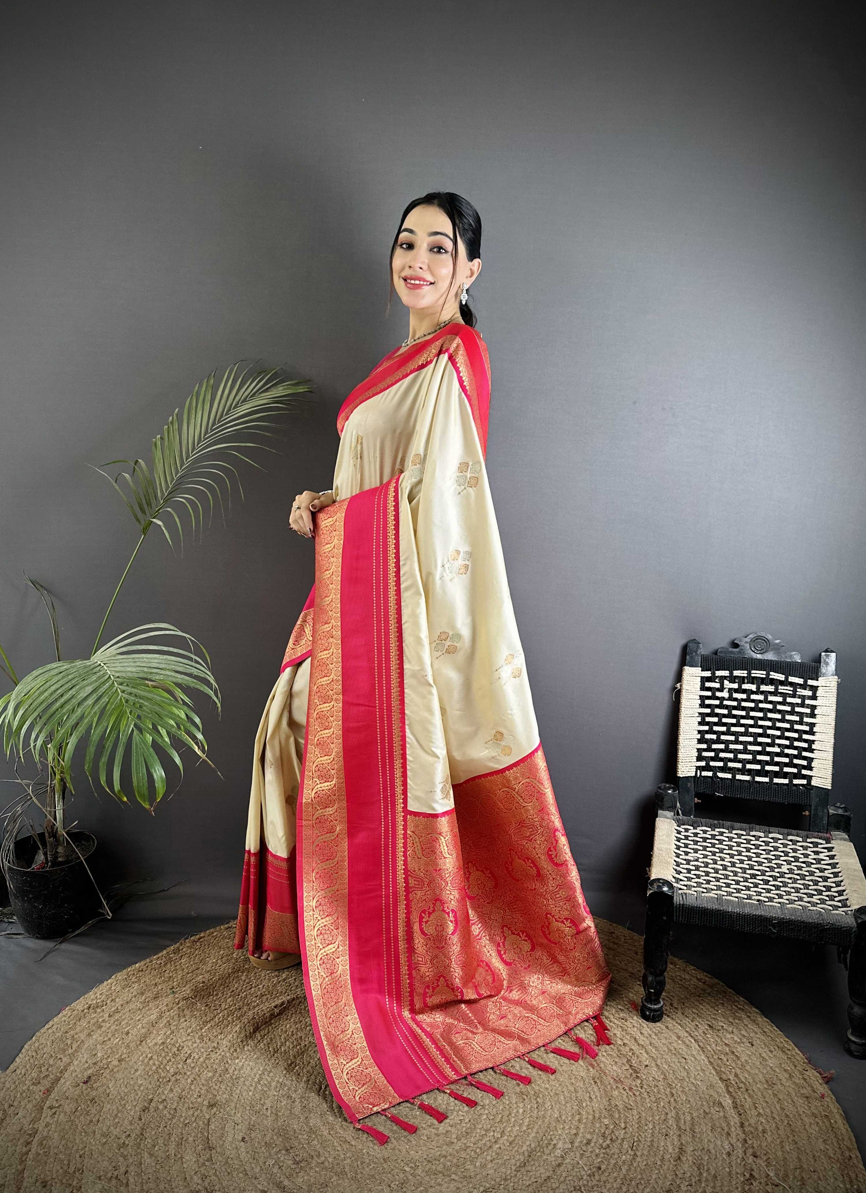 Sonakshi Women'S Offwhite Premium Soft Silk Zari Woven Traditional Saree With Blouse