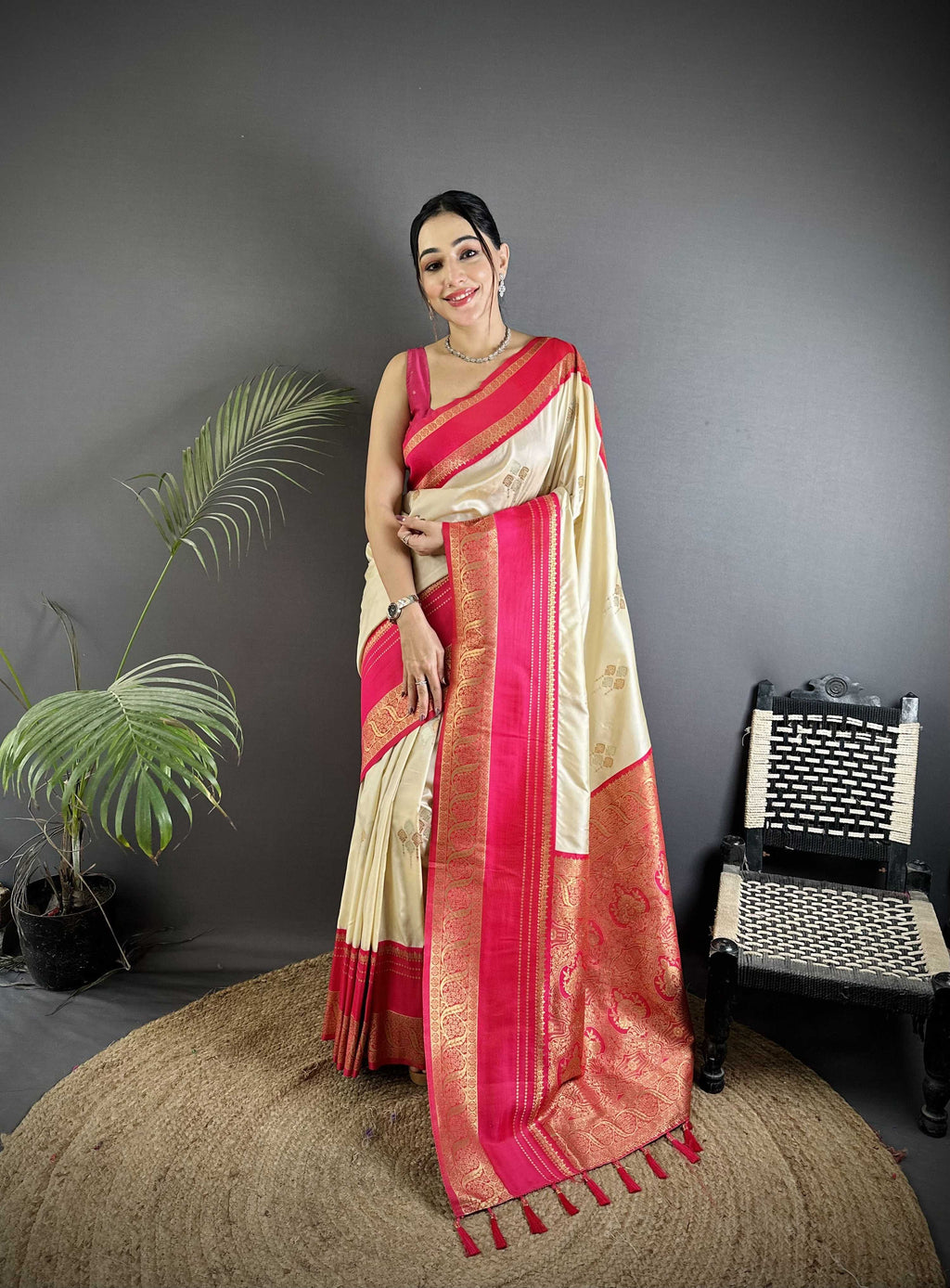 Sonakshi Women'S Offwhite Premium Soft Silk Zari Woven Traditional Saree With Blouse