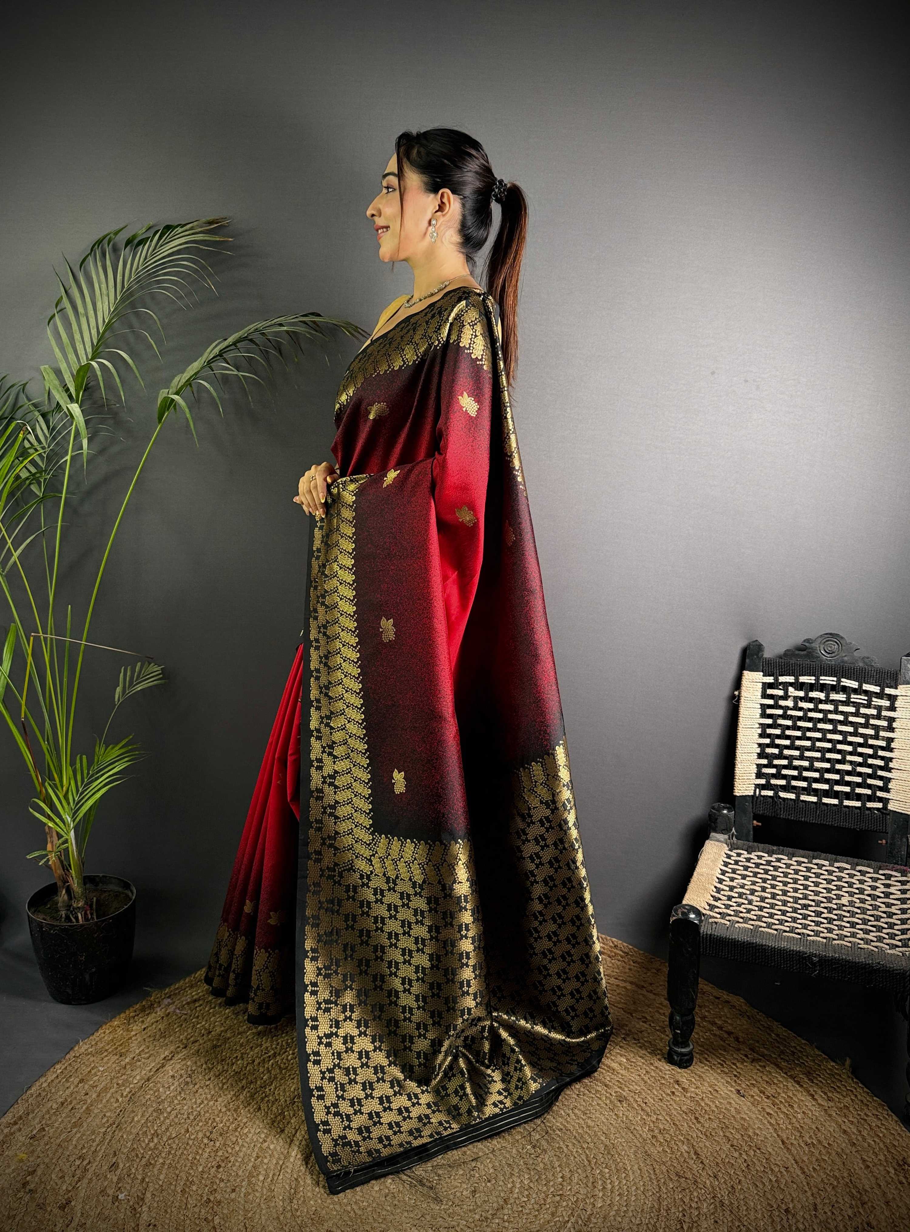 Sonakshi Women'S Red Ikkat Silk Zari Woven Traditional Saree With Blouse