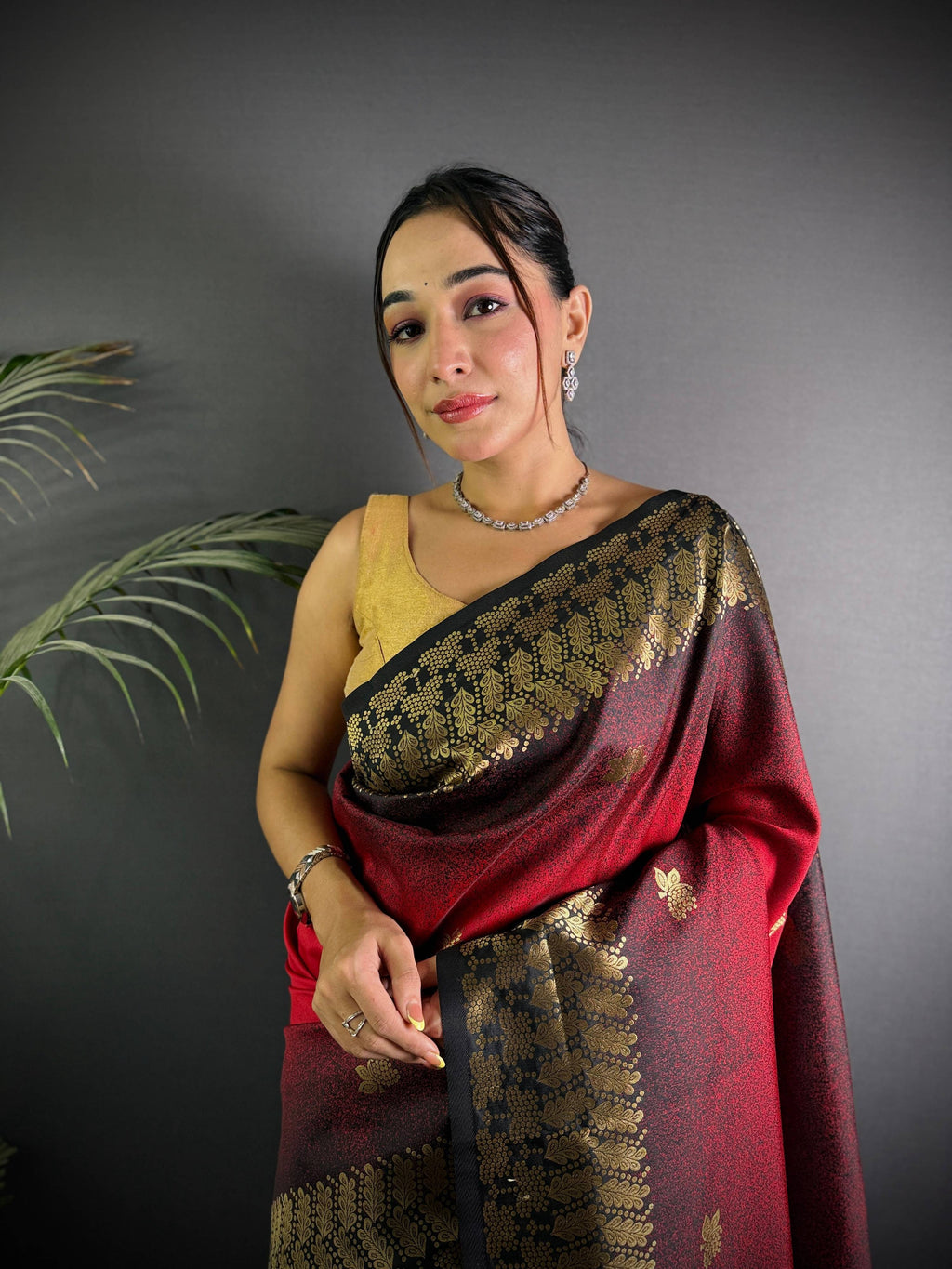 Sonakshi Women'S Red Ikkat Silk Zari Woven Traditional Saree With Blouse