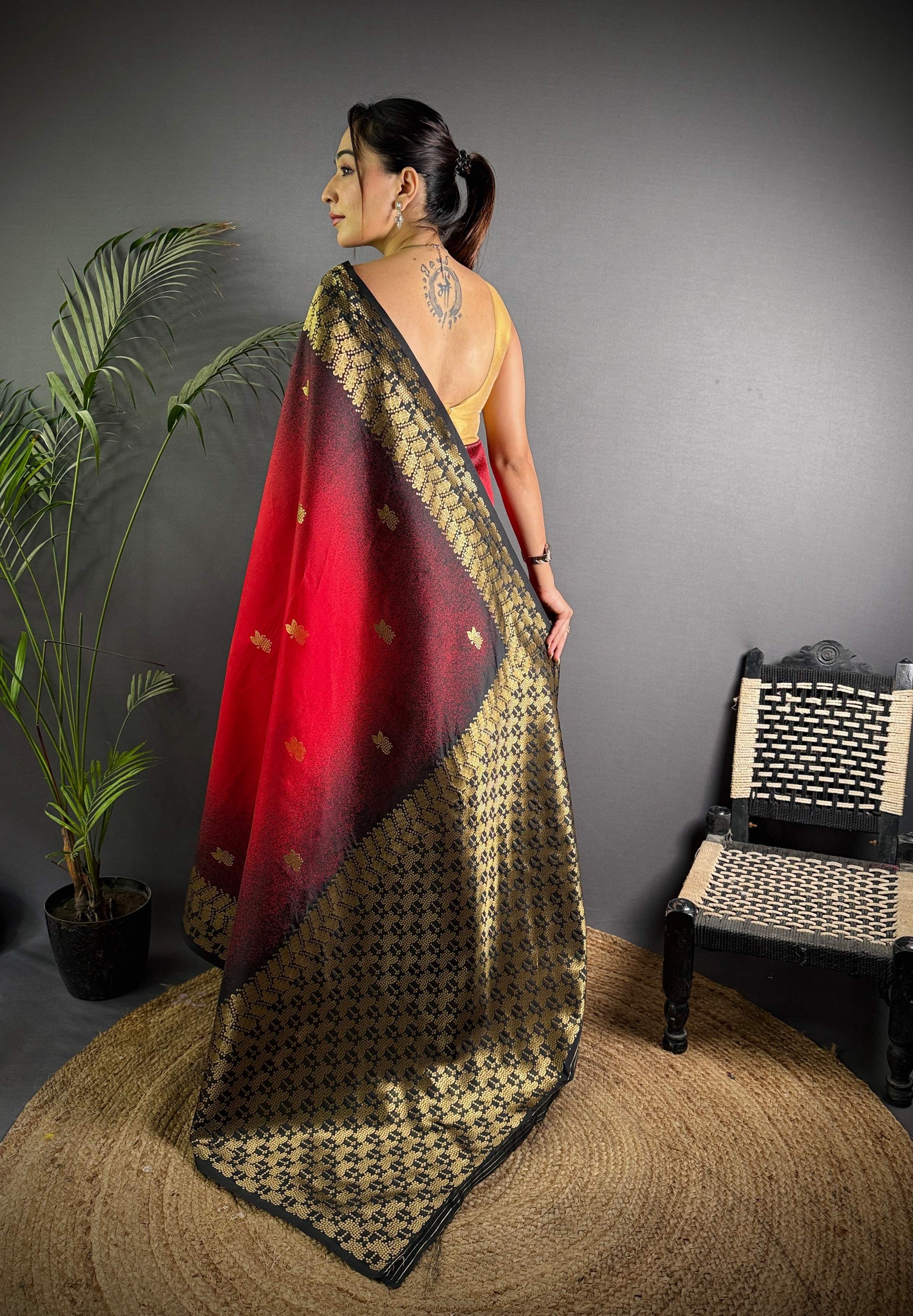 Sonakshi Women'S Red Ikkat Silk Zari Woven Traditional Saree With Blouse