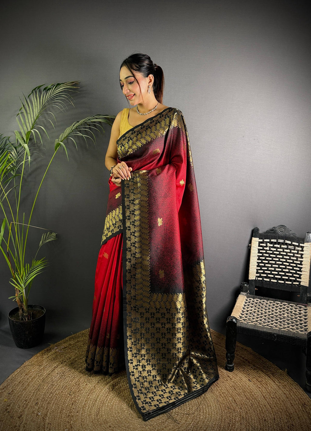 Sonakshi Women'S Red Ikkat Silk Zari Woven Traditional Saree With Blouse