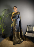 Sonakshi Women'S Grey Ikkat Silk Zari Woven Traditional Saree With Blouse