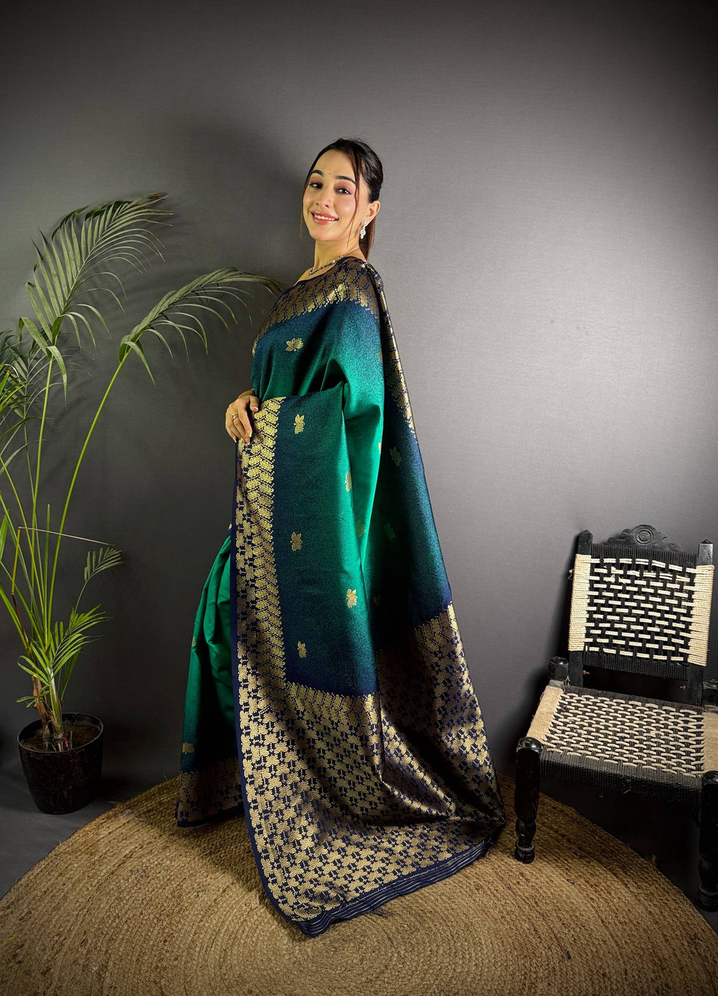 Sonakshi Women'S Teal Ikkat Silk Zari Woven Traditional Saree With Blouse