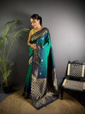 Sonakshi Women'S Teal Ikkat Silk Zari Woven Traditional Saree With Blouse