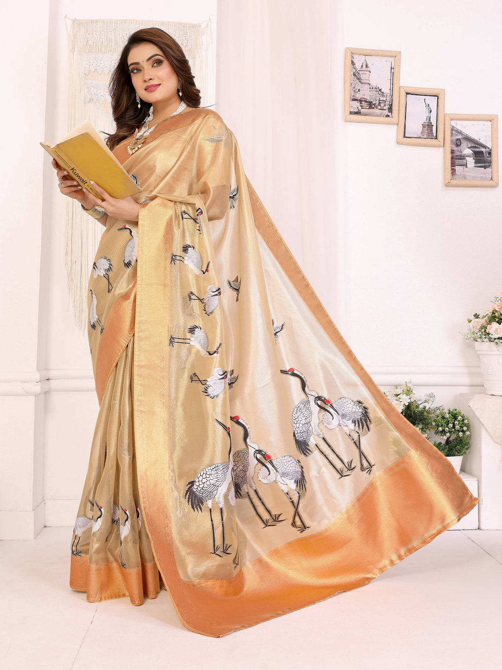 Sonakshi Women'S Chandan Premium Tissue Silk Copper-Gold Border Traditional Saree With Blouse