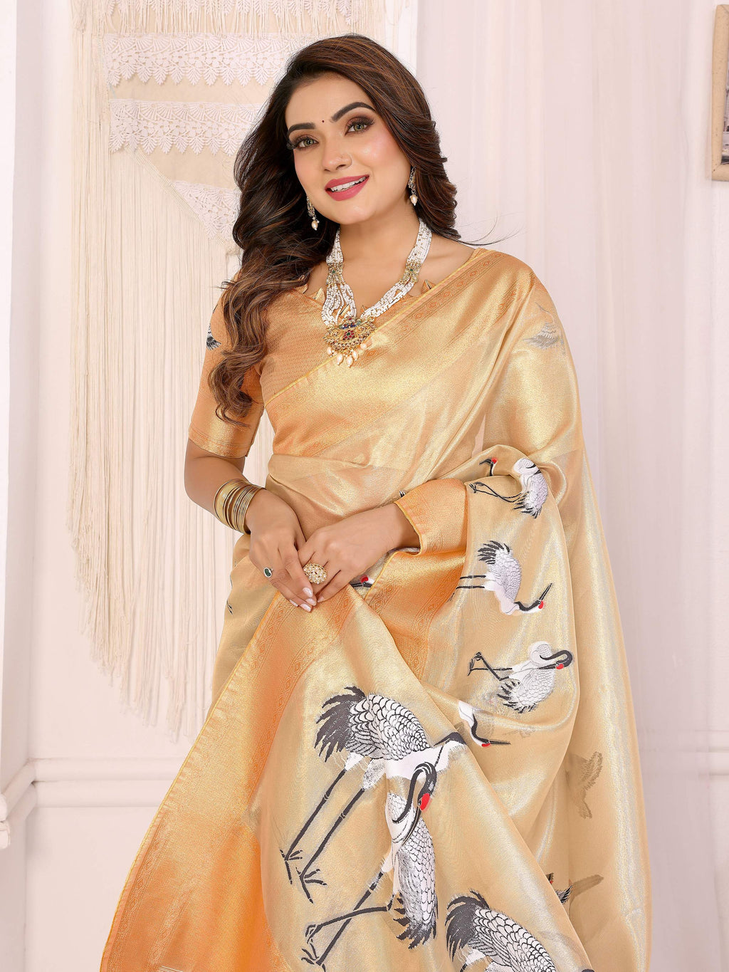 Sonakshi Women'S Chandan Premium Tissue Silk Copper-Gold Border Traditional Saree With Blouse