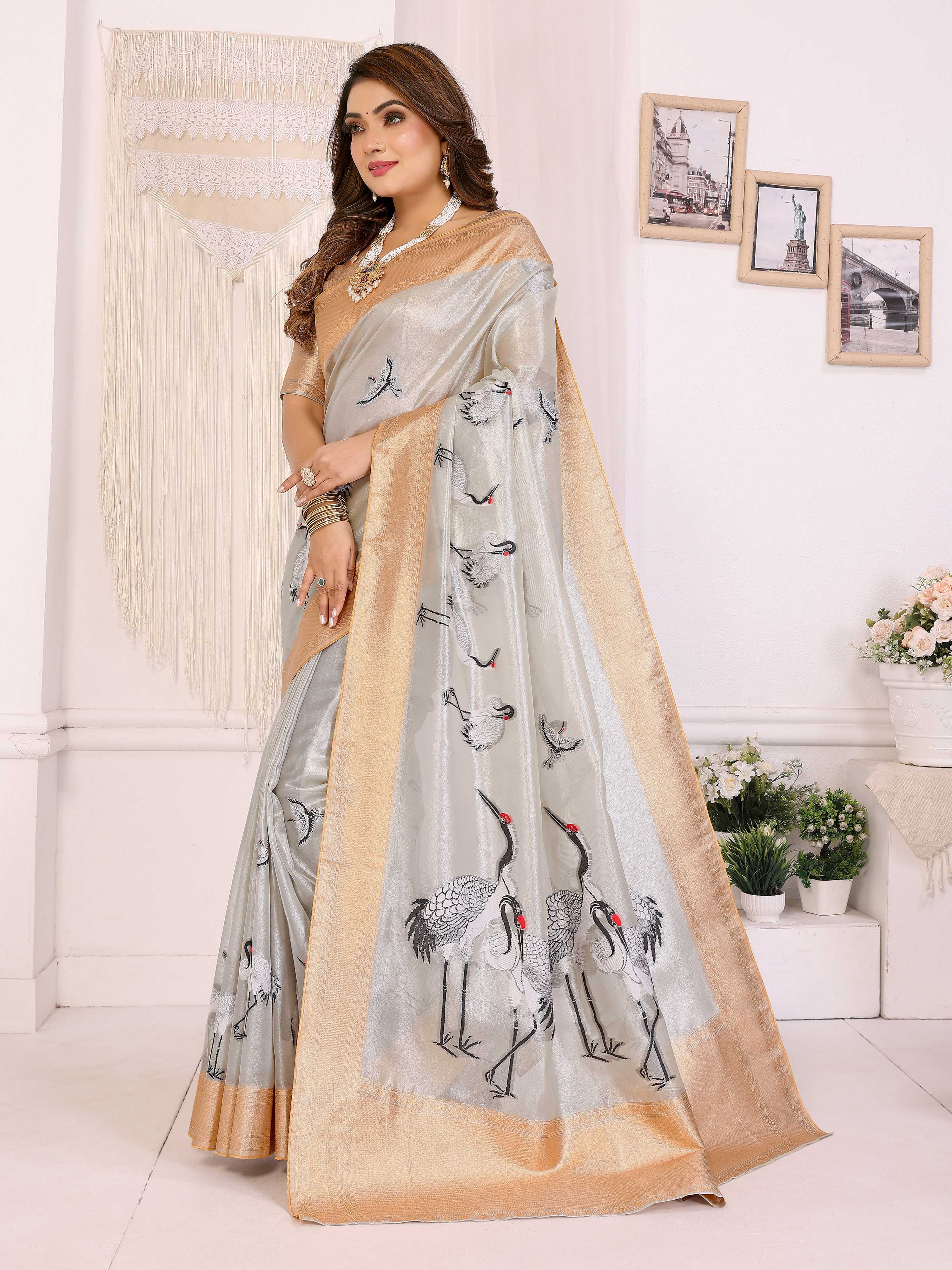 Sonakshi Women'S Offwhite Premium Tissue Silk Copper-Gold Border Traditional Saree With Blouse