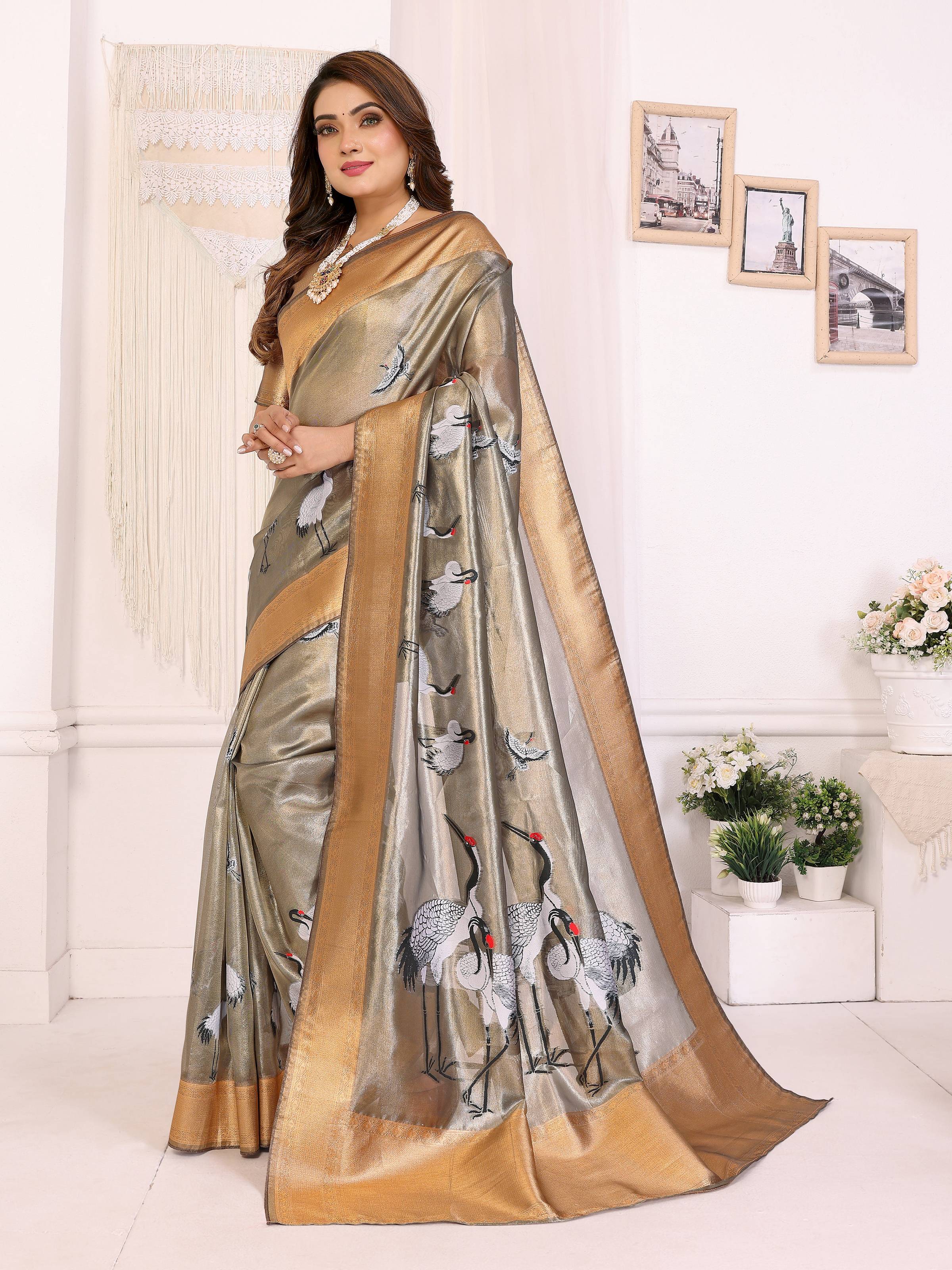 Sonakshi Women'S Silver Premium Tissue Silk Copper-Gold Border Traditional Saree With Blouse