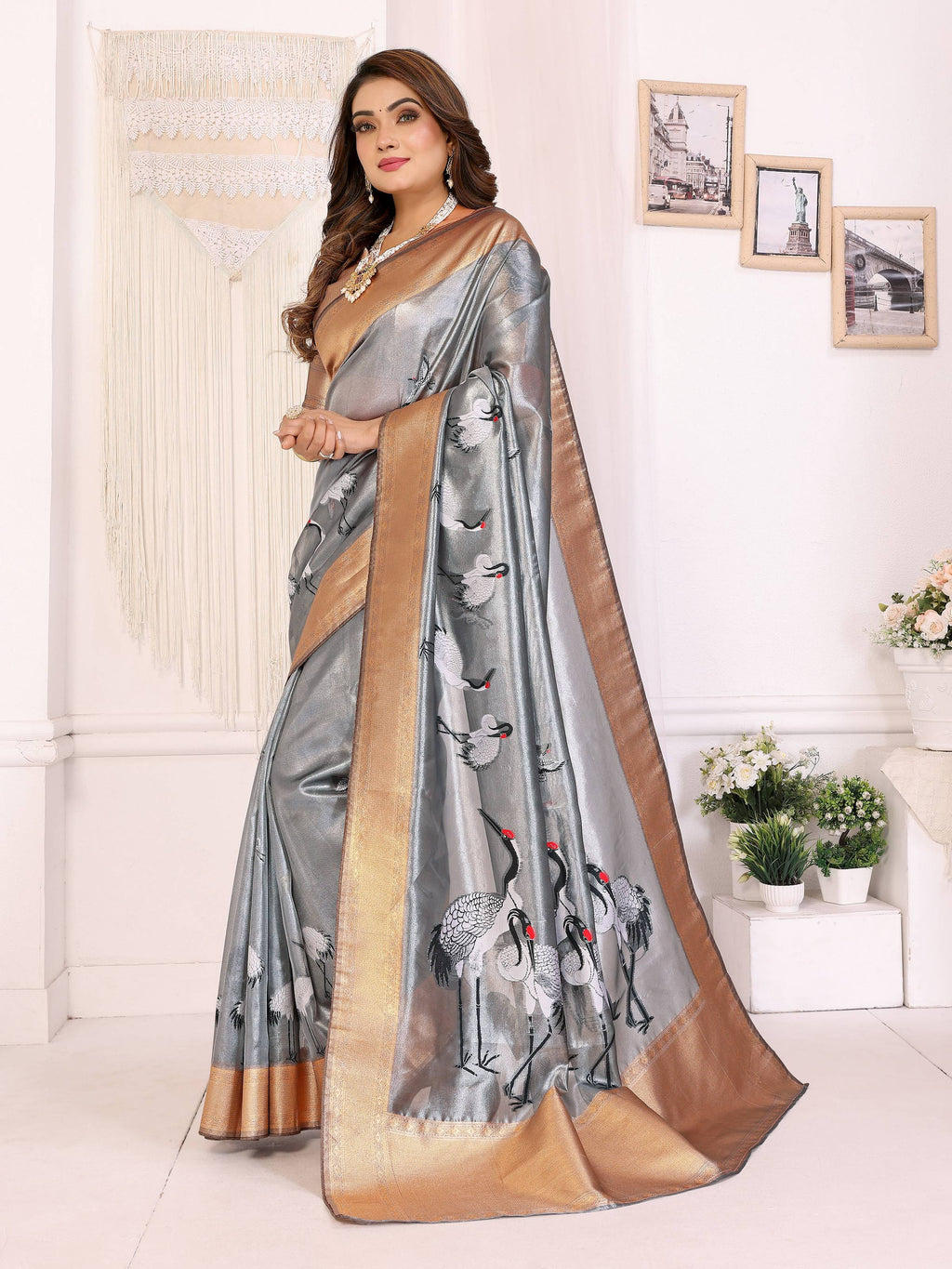 Sonakshi Women'S Grey Premium Tissue Silk Copper-Gold Border Traditional Saree With Blouse