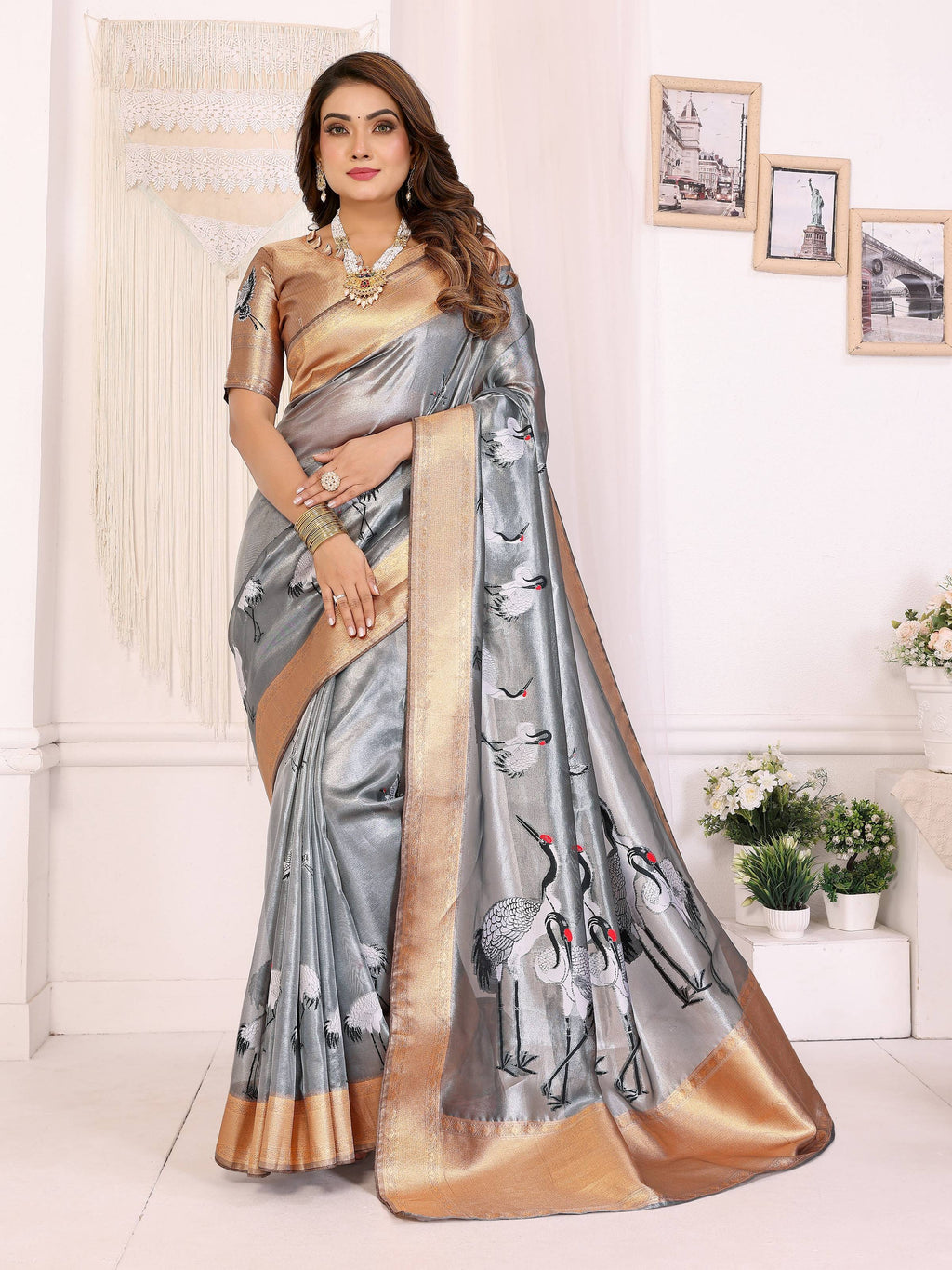 Sonakshi Women'S Grey Premium Tissue Silk Copper-Gold Border Traditional Saree With Blouse