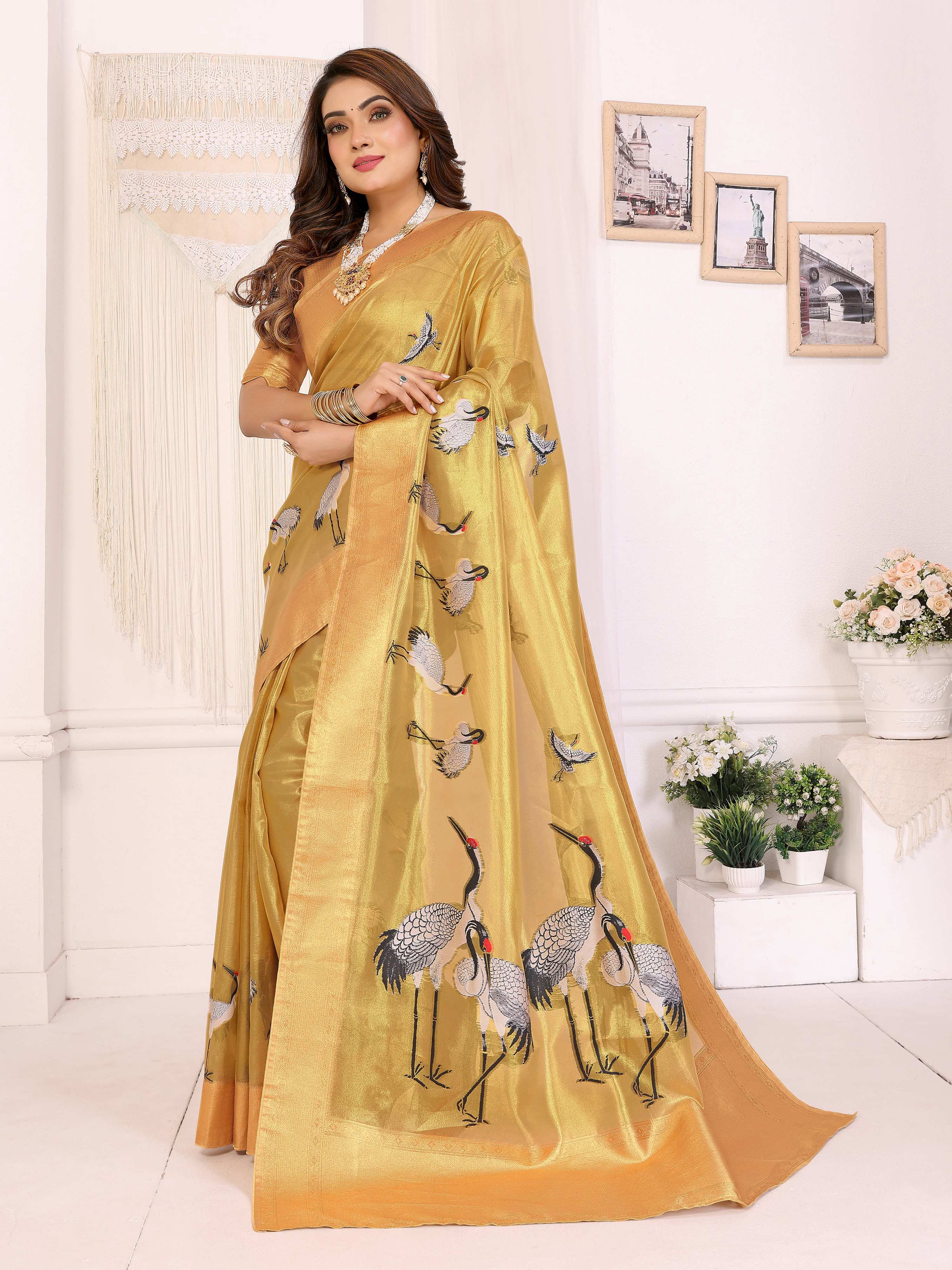Sonakshi Women'S Gold Premium Tissue Silk Copper-Gold Border Traditional Saree With Blouse