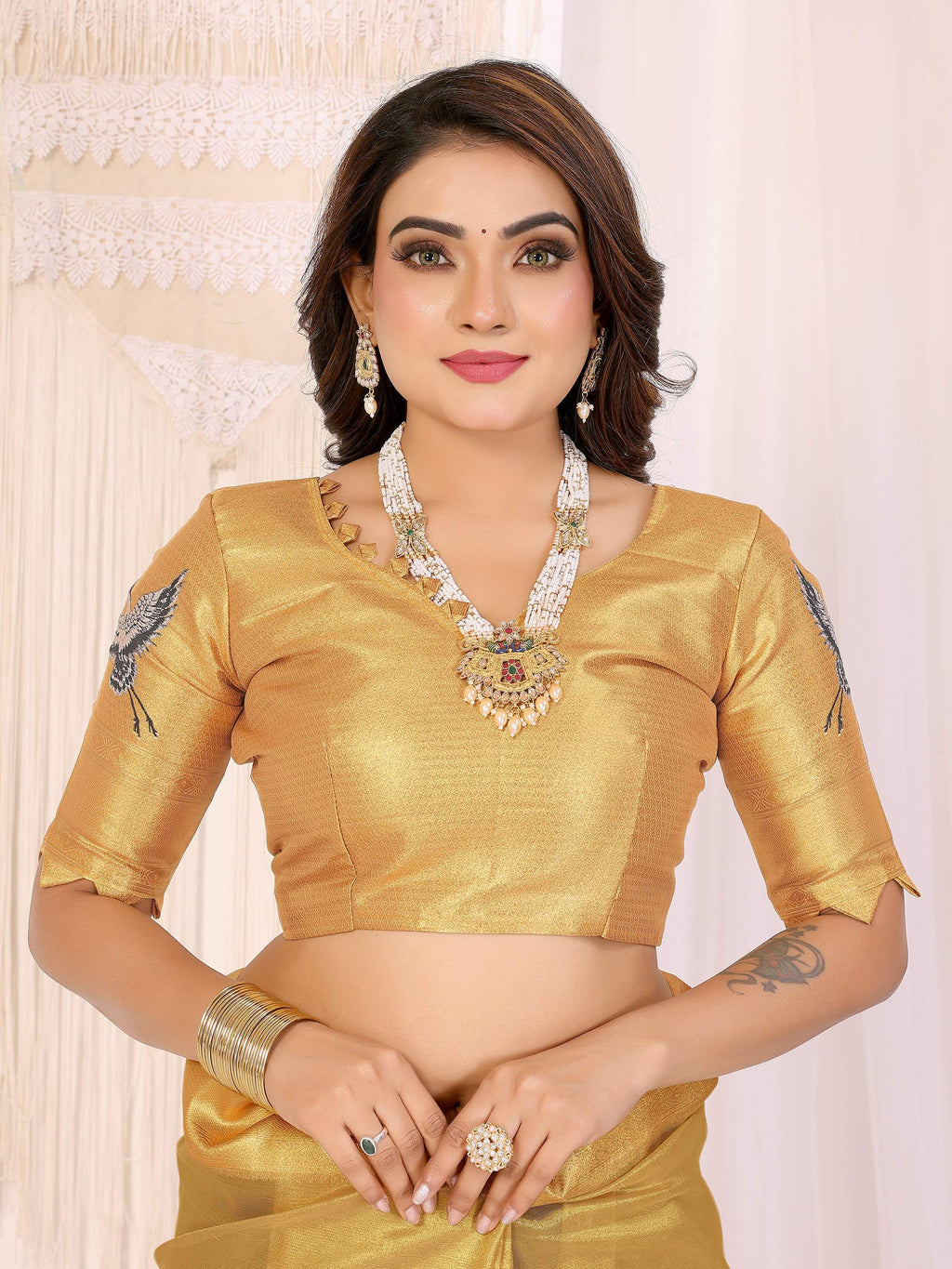 Sonakshi Women'S Gold Premium Tissue Silk Copper-Gold Border Traditional Saree With Blouse