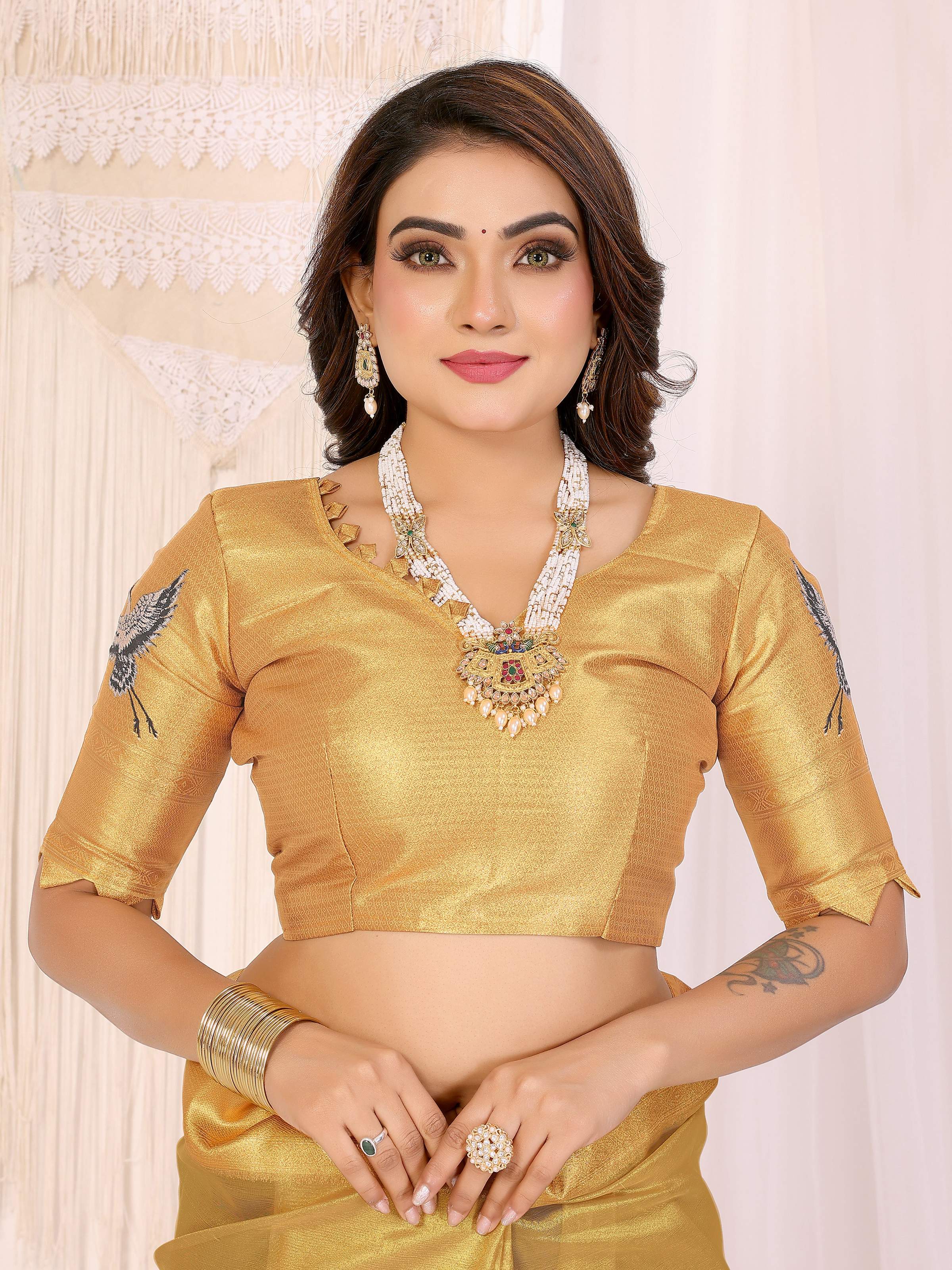Sonakshi Women'S Gold Premium Tissue Silk Copper-Gold Border Traditional Saree With Blouse