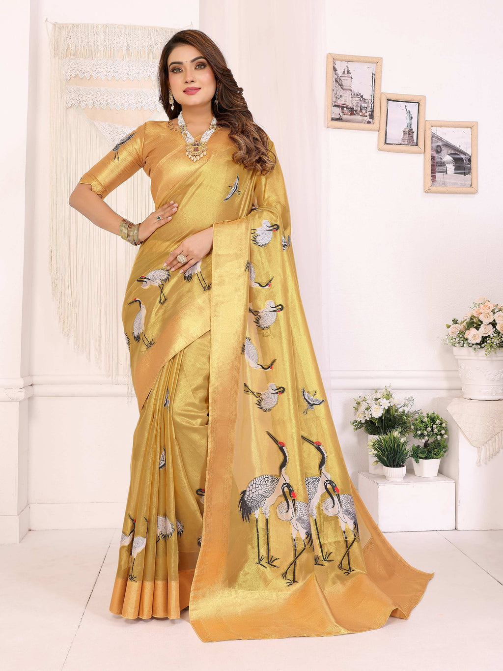 Sonakshi Women'S Gold Premium Tissue Silk Copper-Gold Border Traditional Saree With Blouse