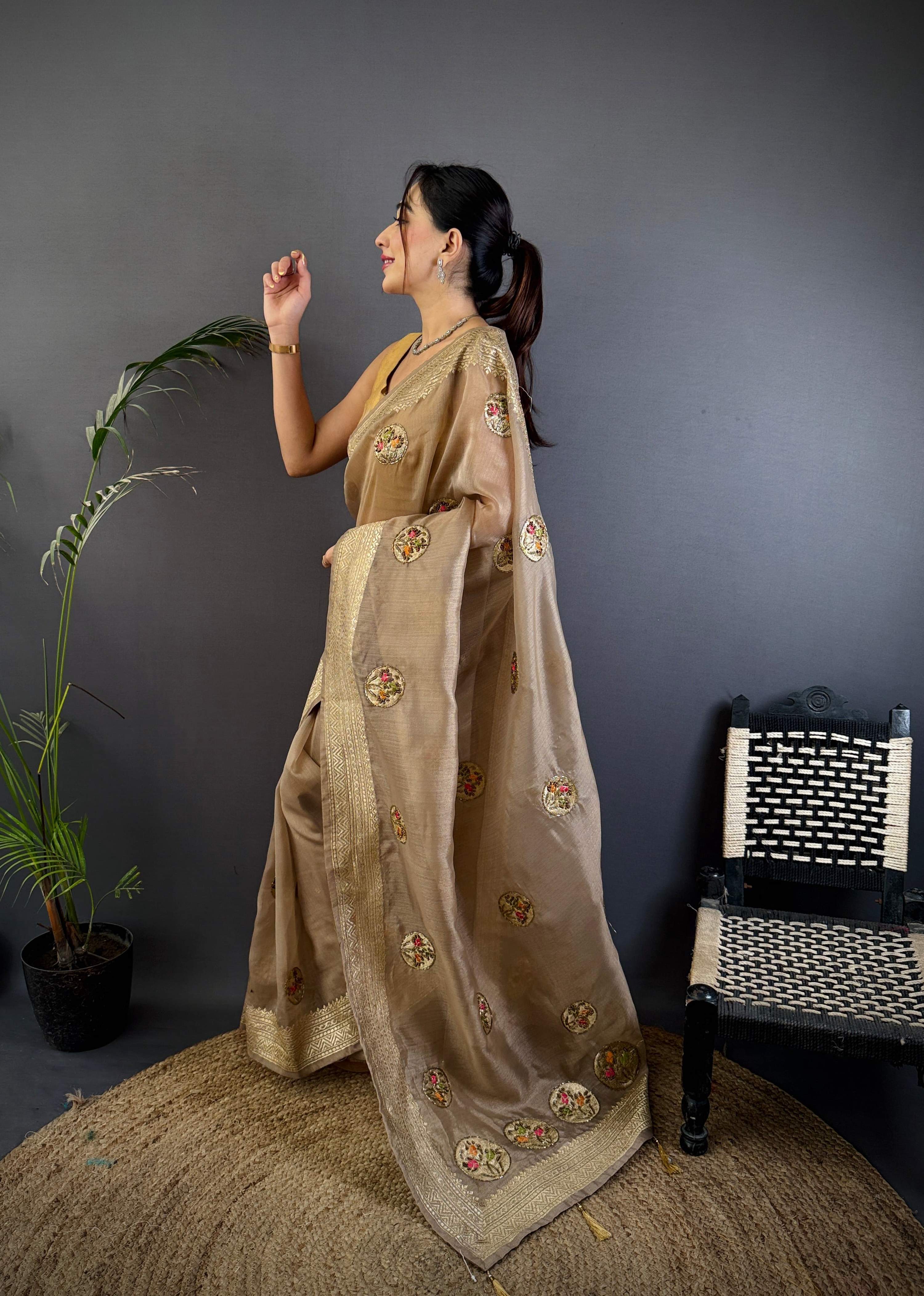 Sonakshi Women'S Chiku Pure Organza Silk With Attractive Embroidery Work Traditional Saree With Blouse