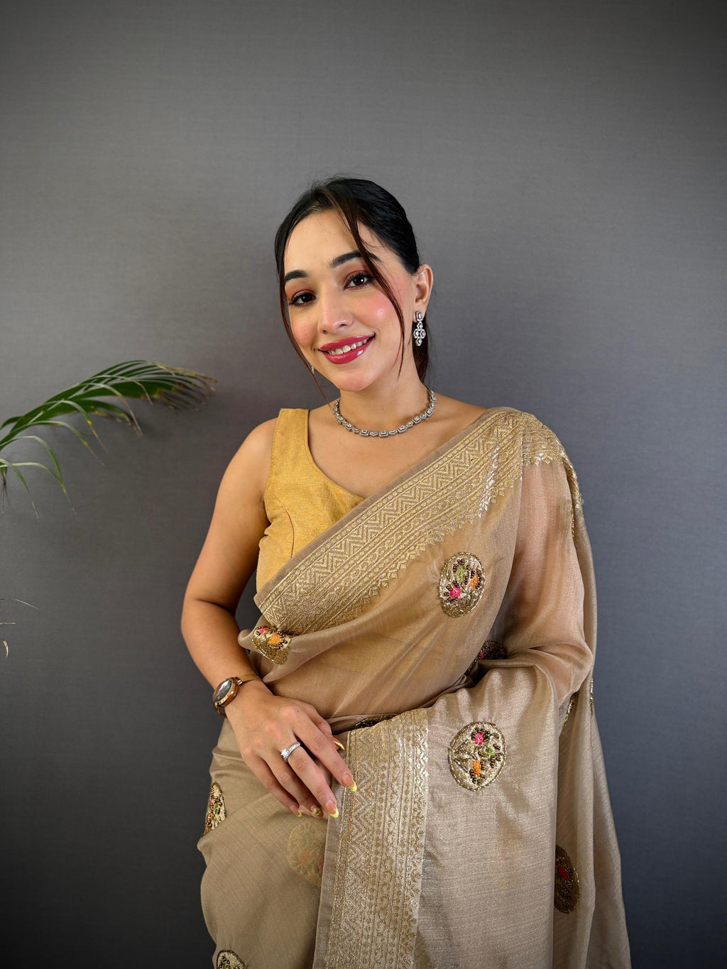 Sonakshi Women'S Chiku Pure Organza Silk With Attractive Embroidery Work Traditional Saree With Blouse